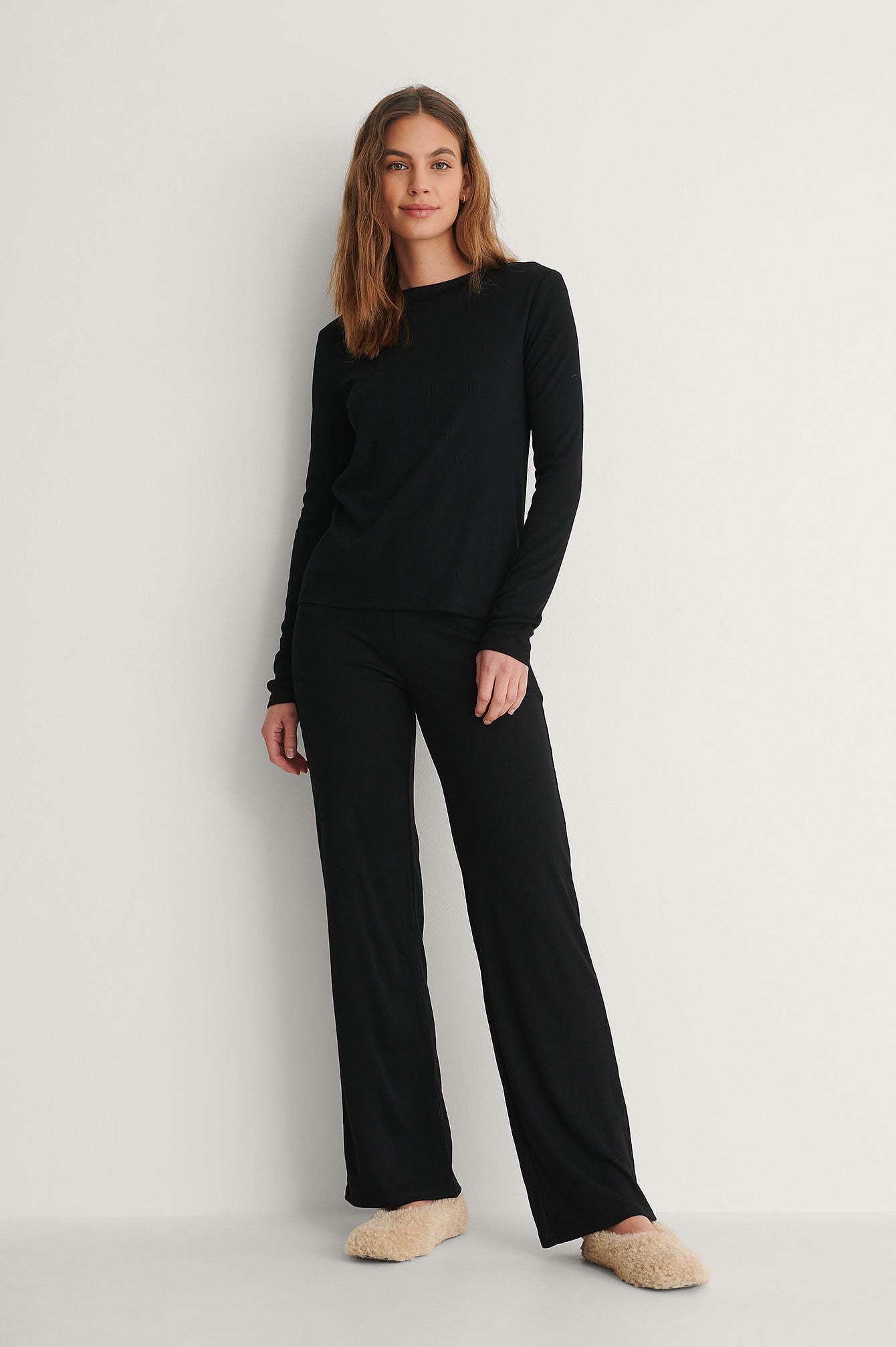 Soft Ribbed Wide Basic Pants Black | na 