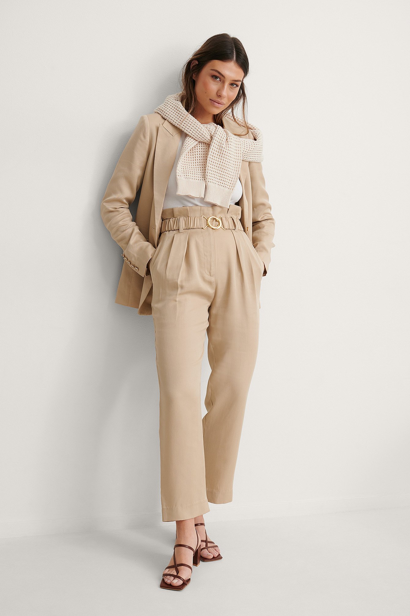 Beige High Rise Cropped Suit Pants
