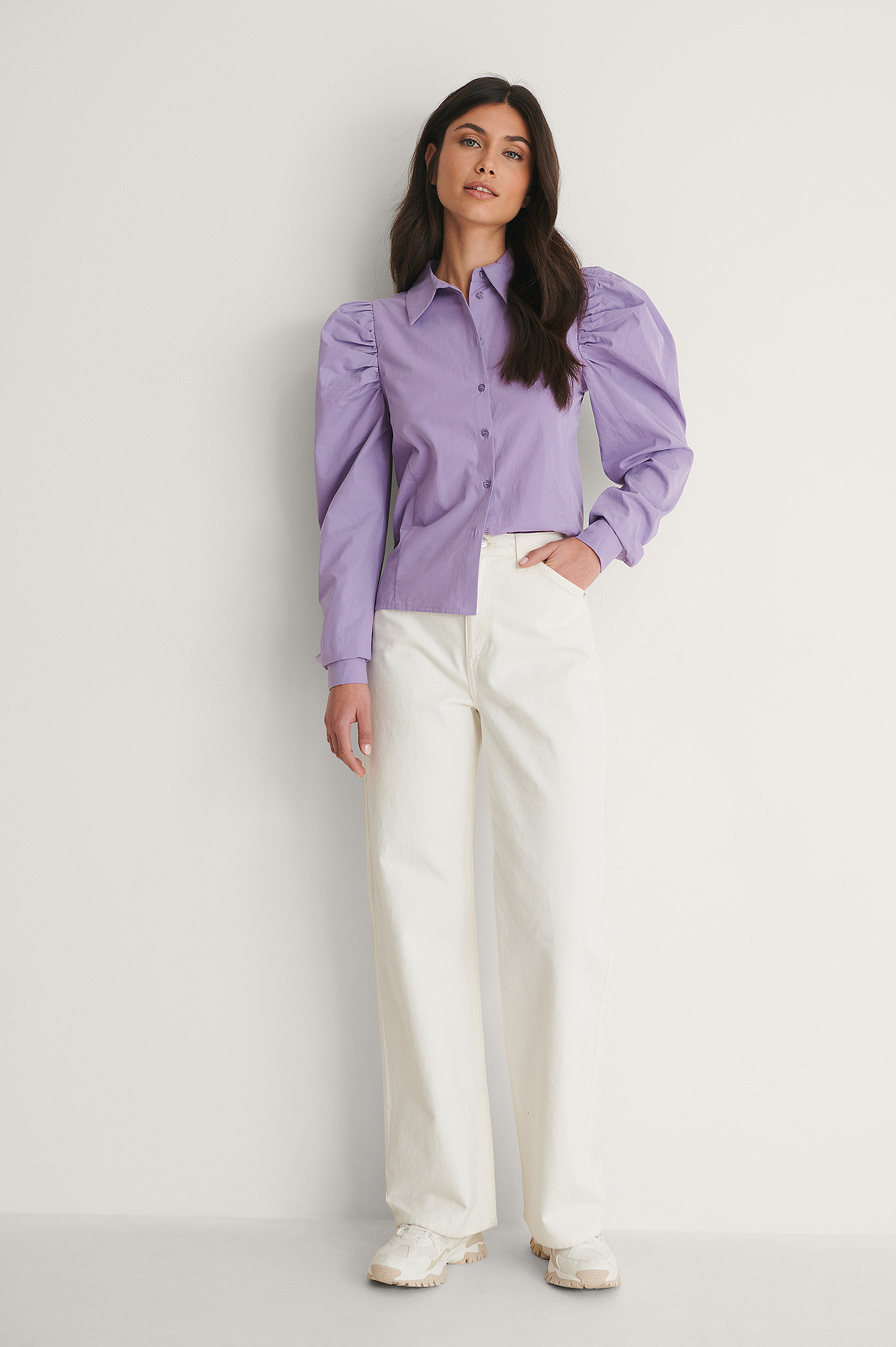 Lilac Puff Sleeve Cotton Shirt
