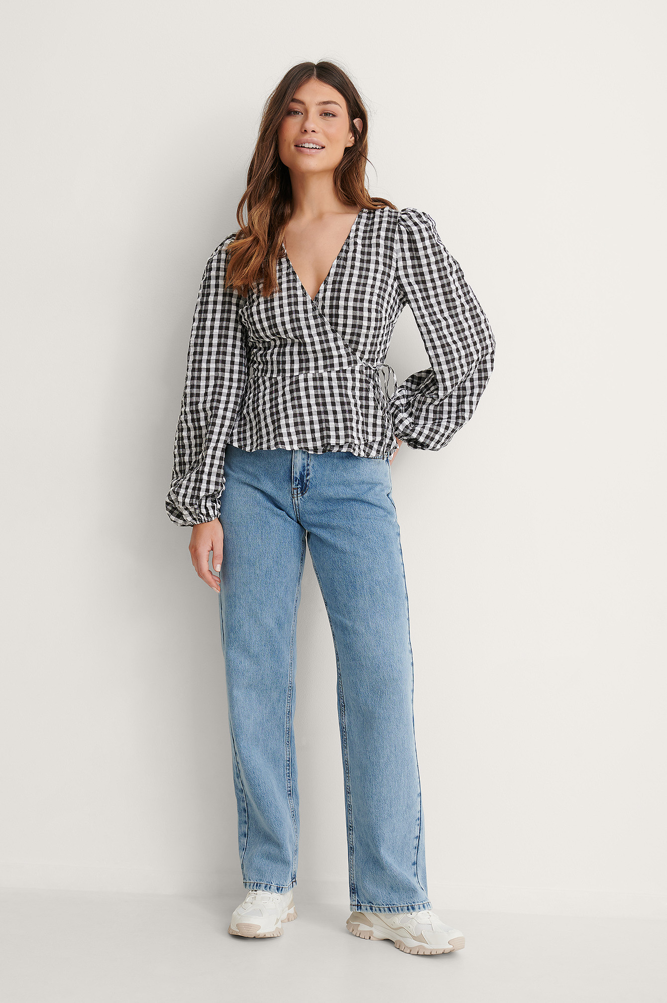Checked Overlapped Blouse Outfit