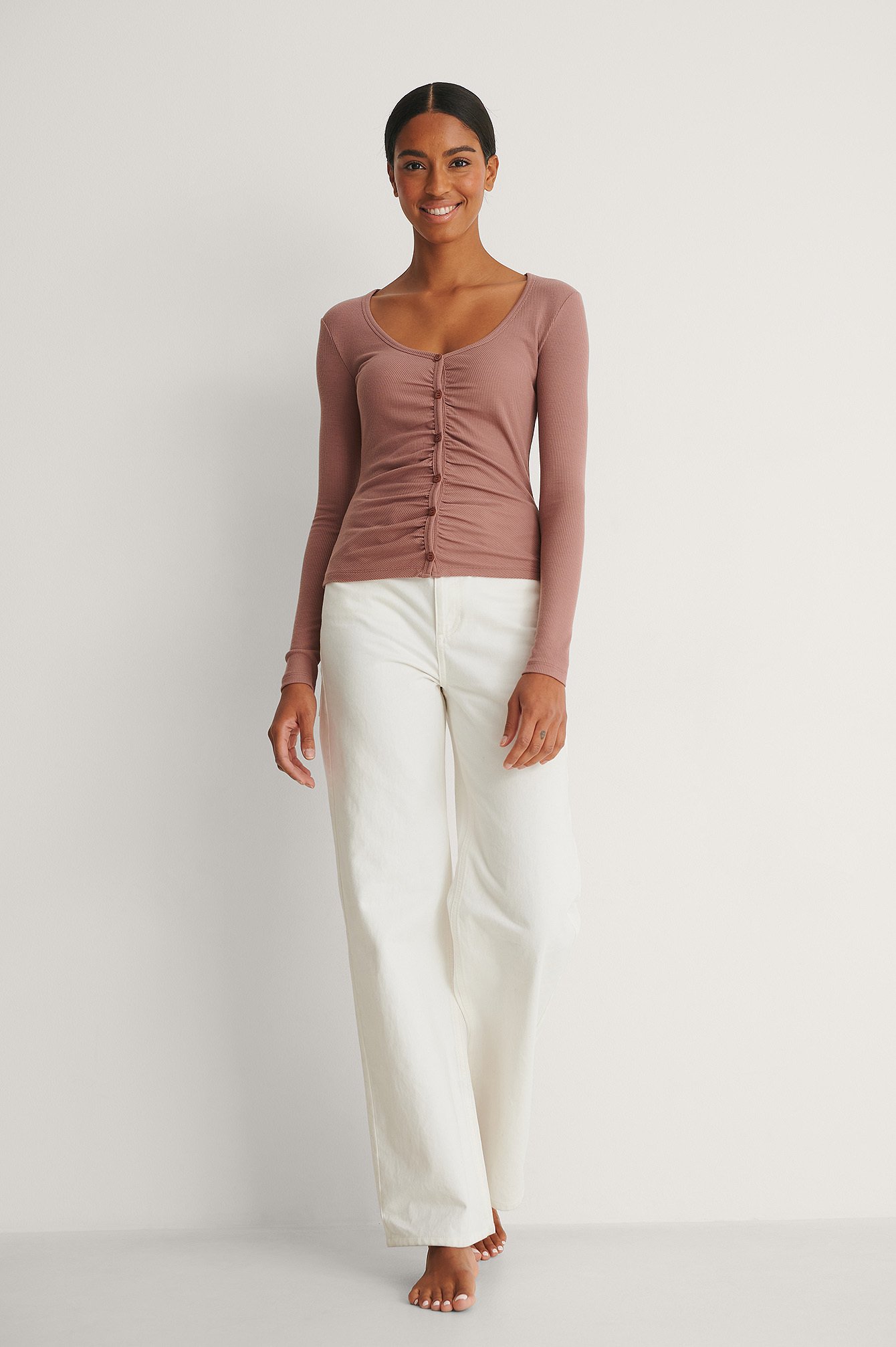NA-KD Rouched Ribbed Button Top Outfit