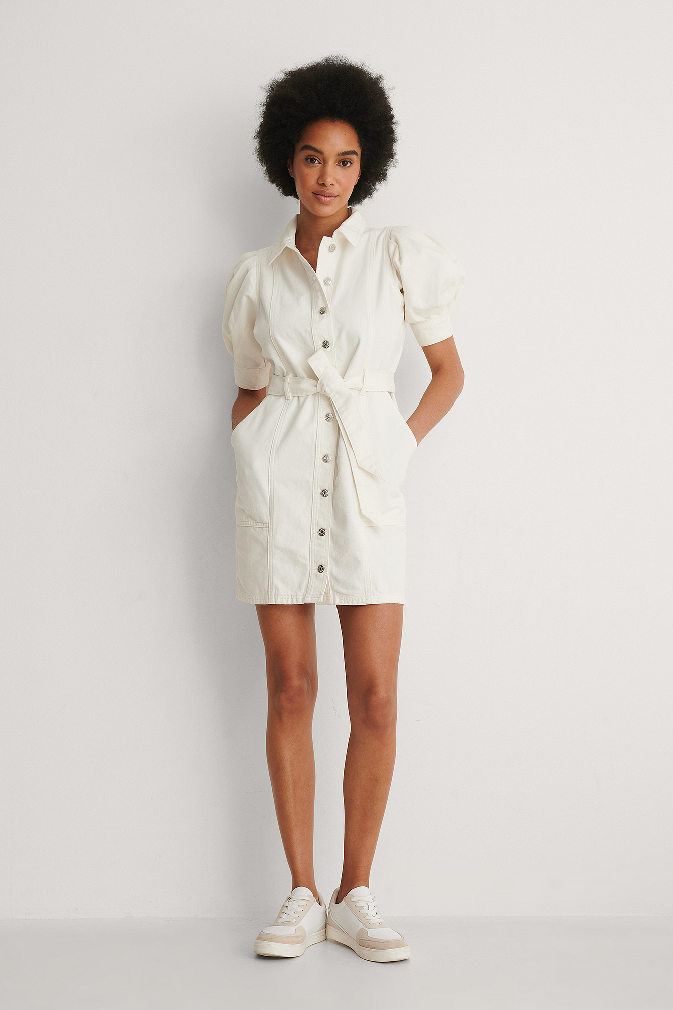 Puff Sleeve Denim Dress Offwhite 