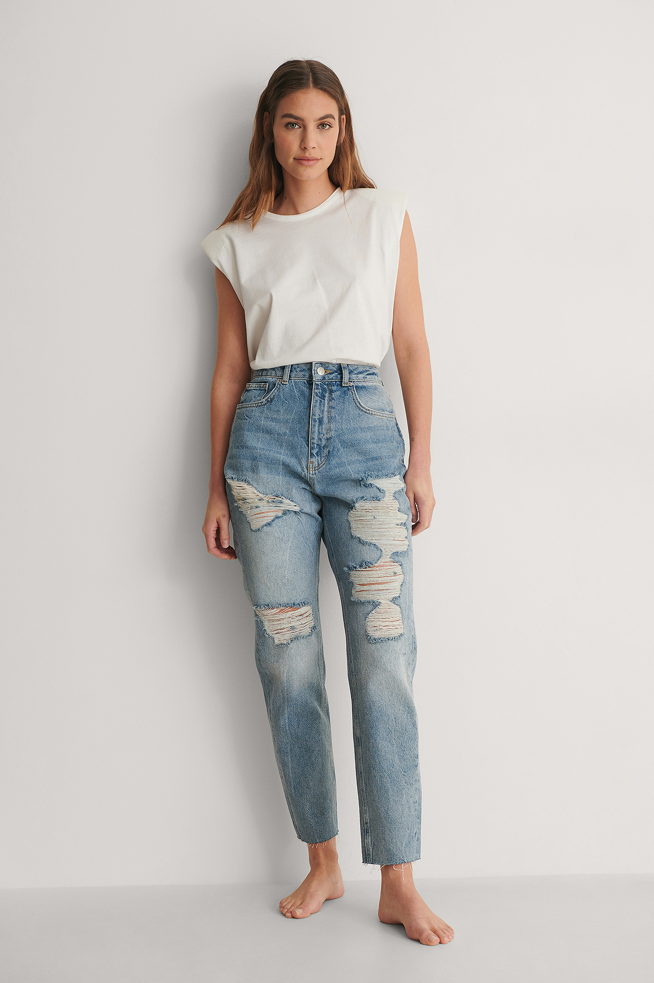 blue ripped high waisted mom jeans