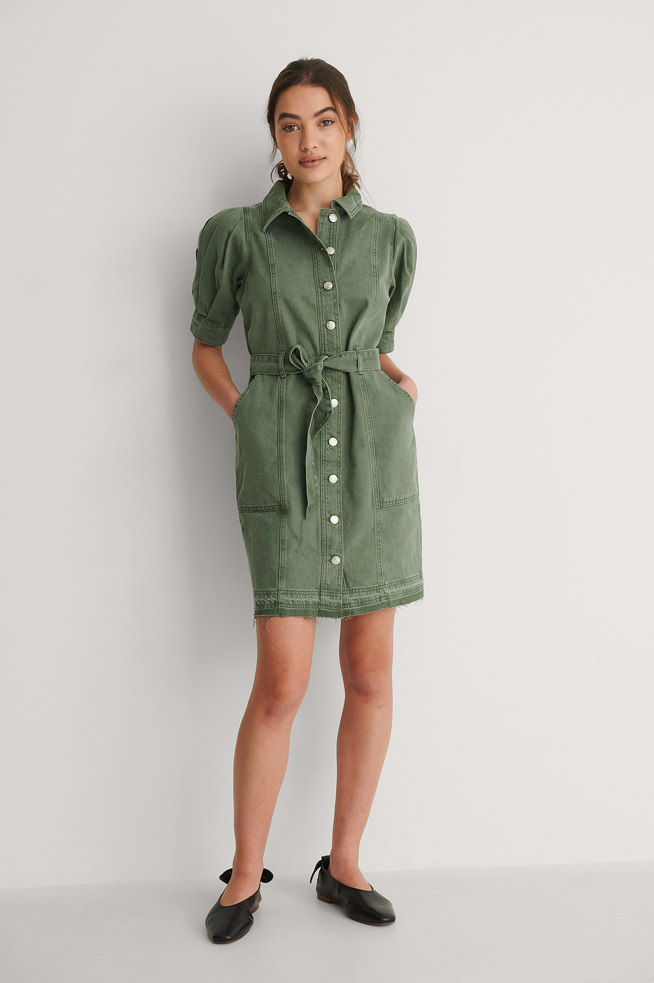 Puff Sleeve Open Hem Denim Dress Green