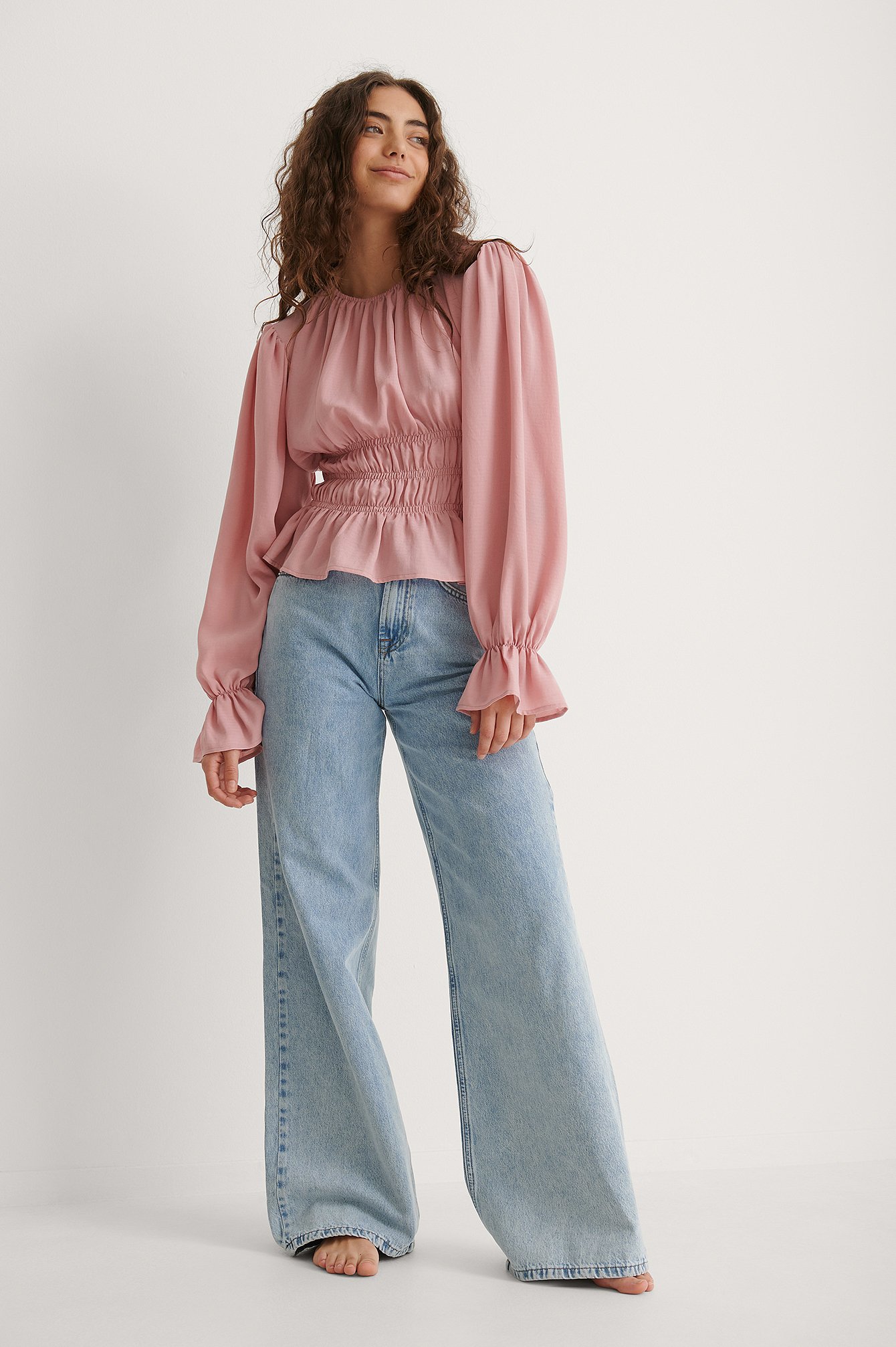 Dusty Pink Recycled Long Sleeve Smock Waist Frill Top