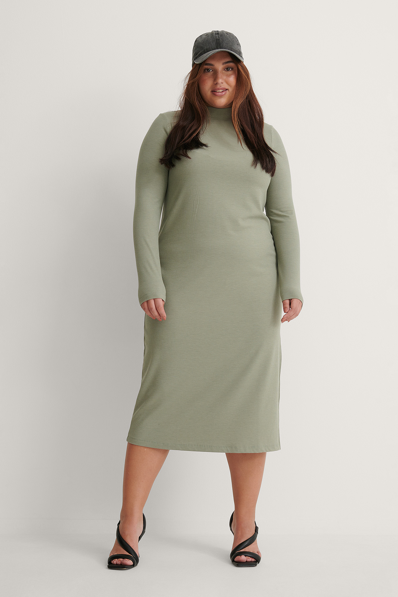 High Neck Ribbed Basic Long Sleeve Dress Outfit.
