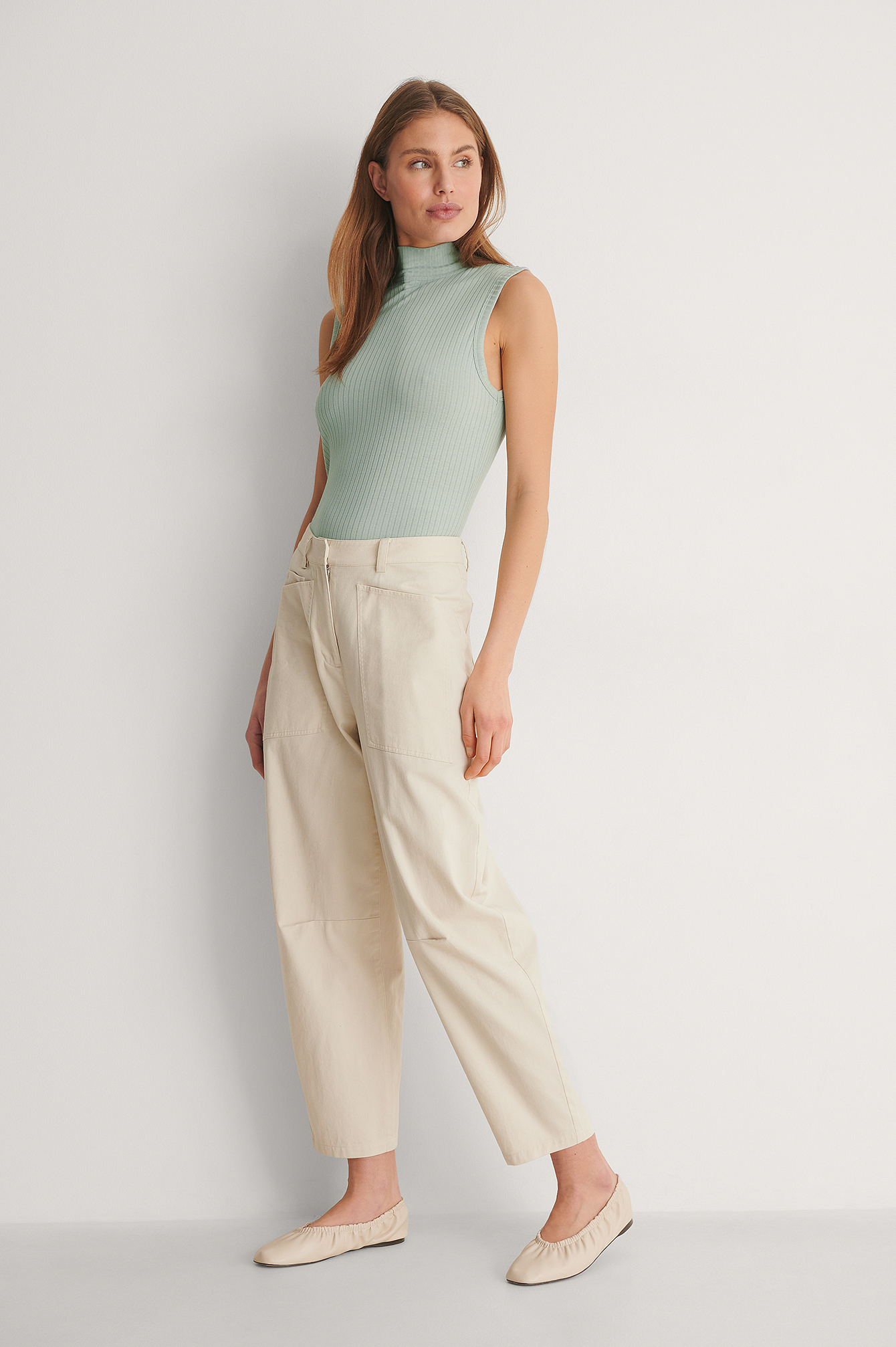 Ribbed Tie Neck Detail Top Outfit