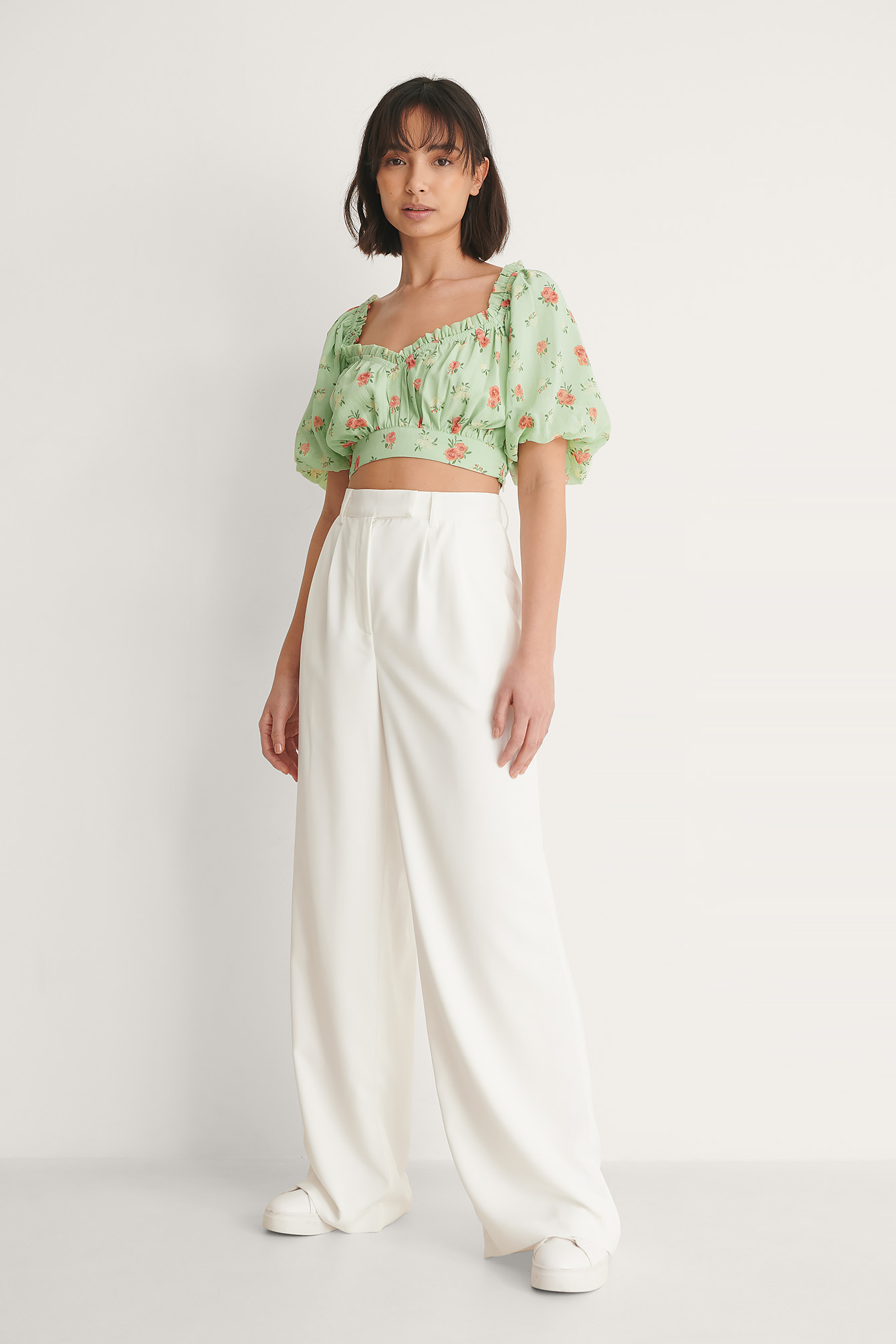 Green Flower Frill Detail Cropped Top