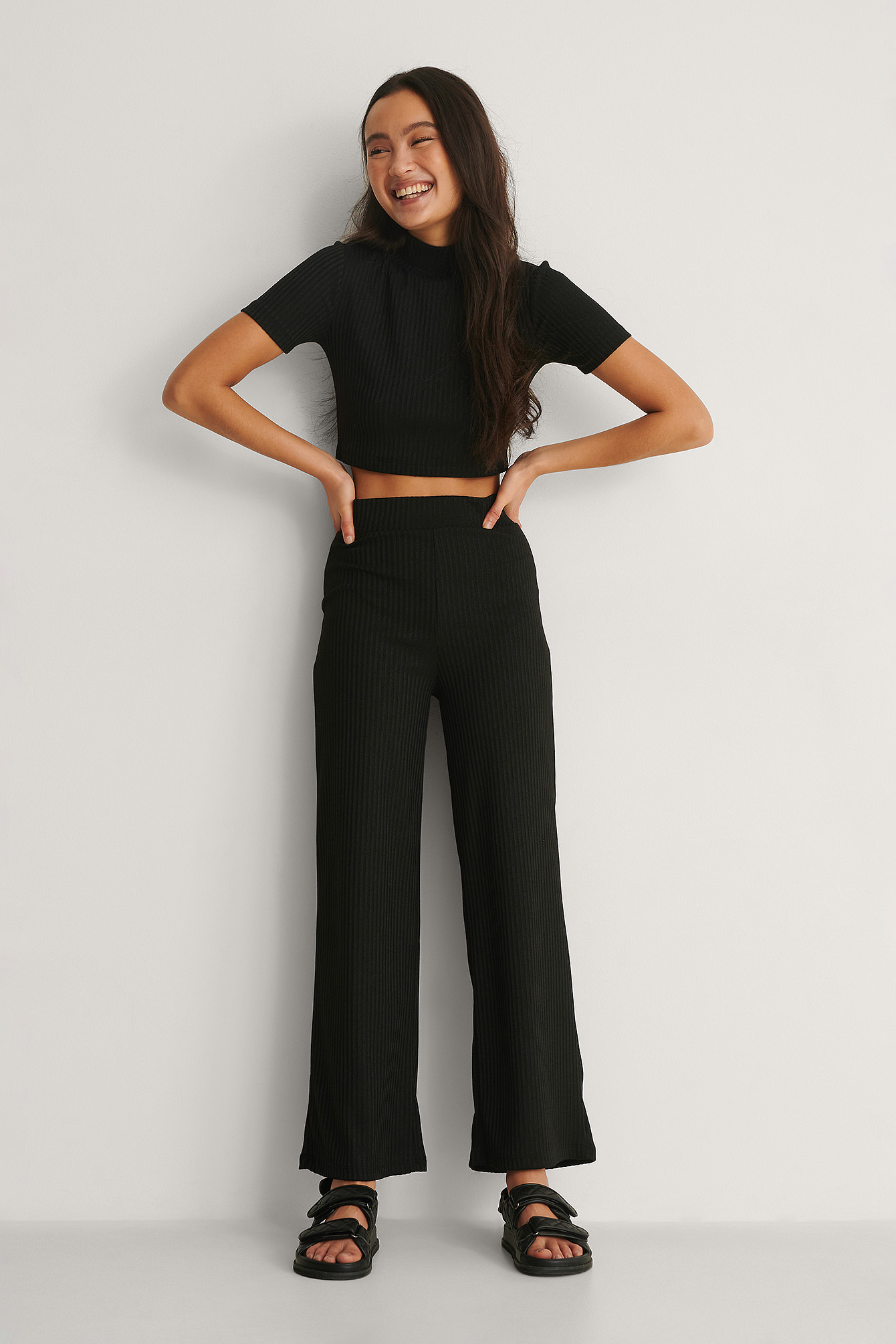High Waist Ribbed Straight Pants Outfit