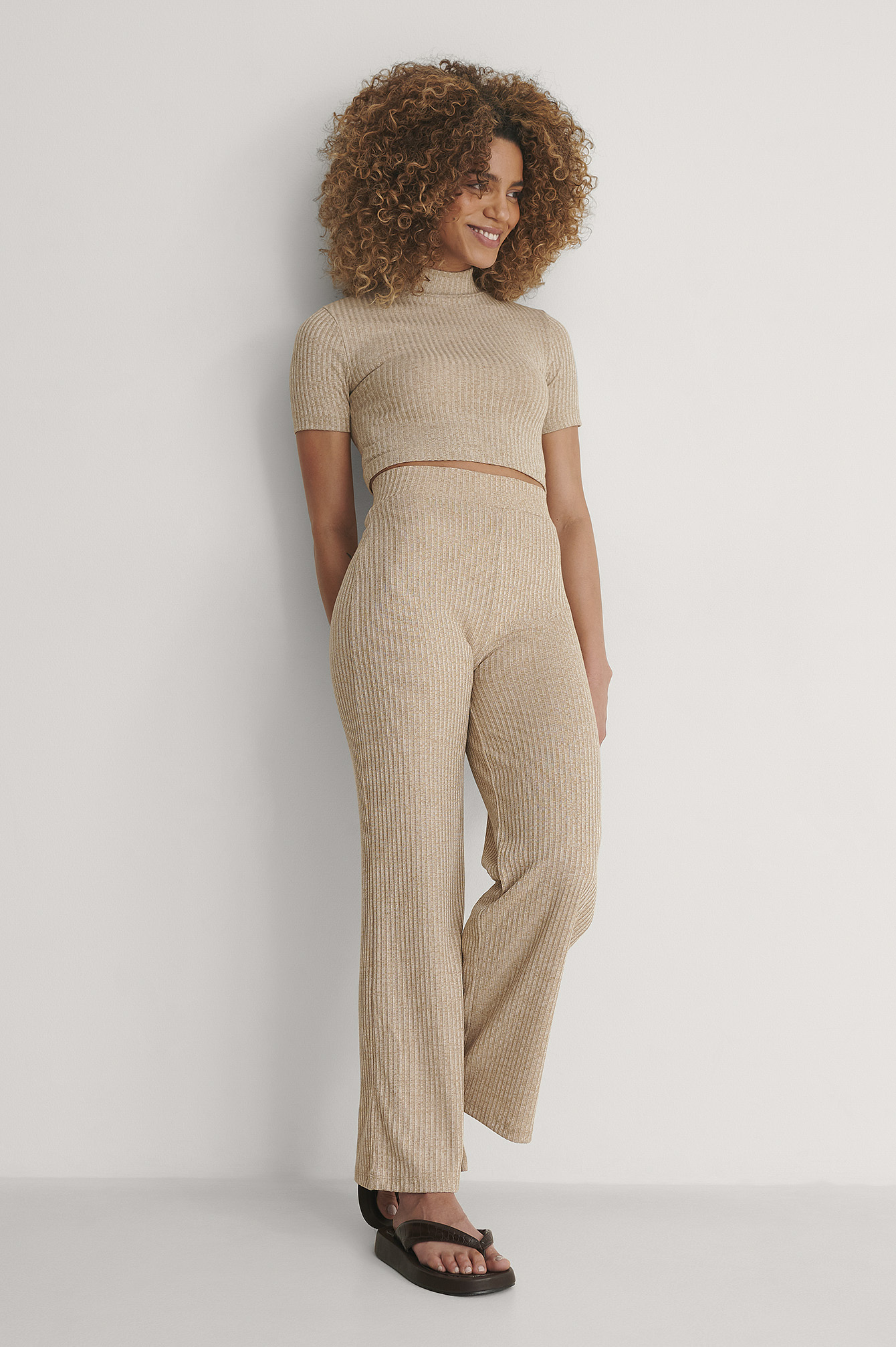 Beige Melange Recycled High Waist Ribbed Straight Pants
