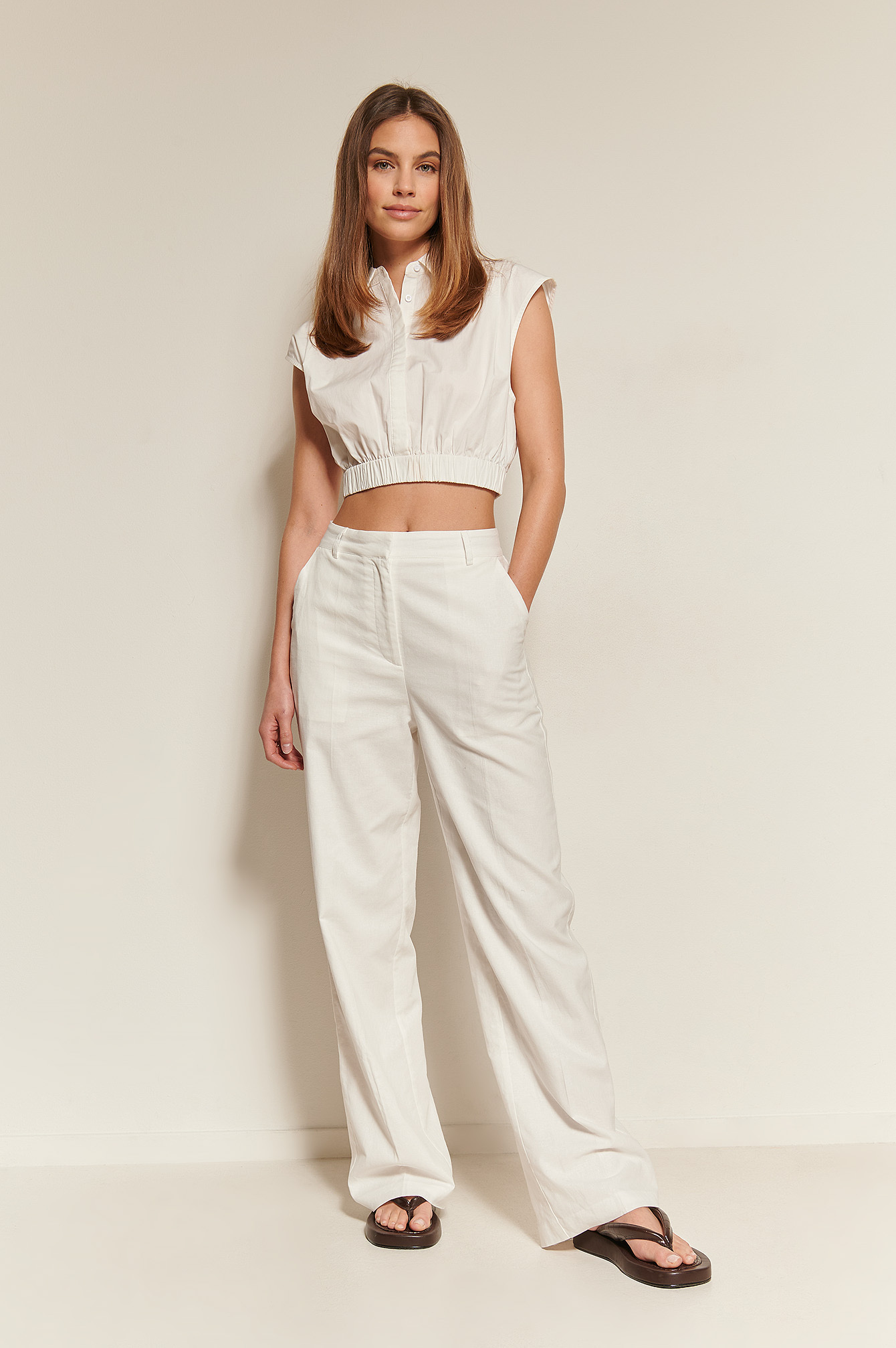White Cropped Wide Shoulders Shirt
