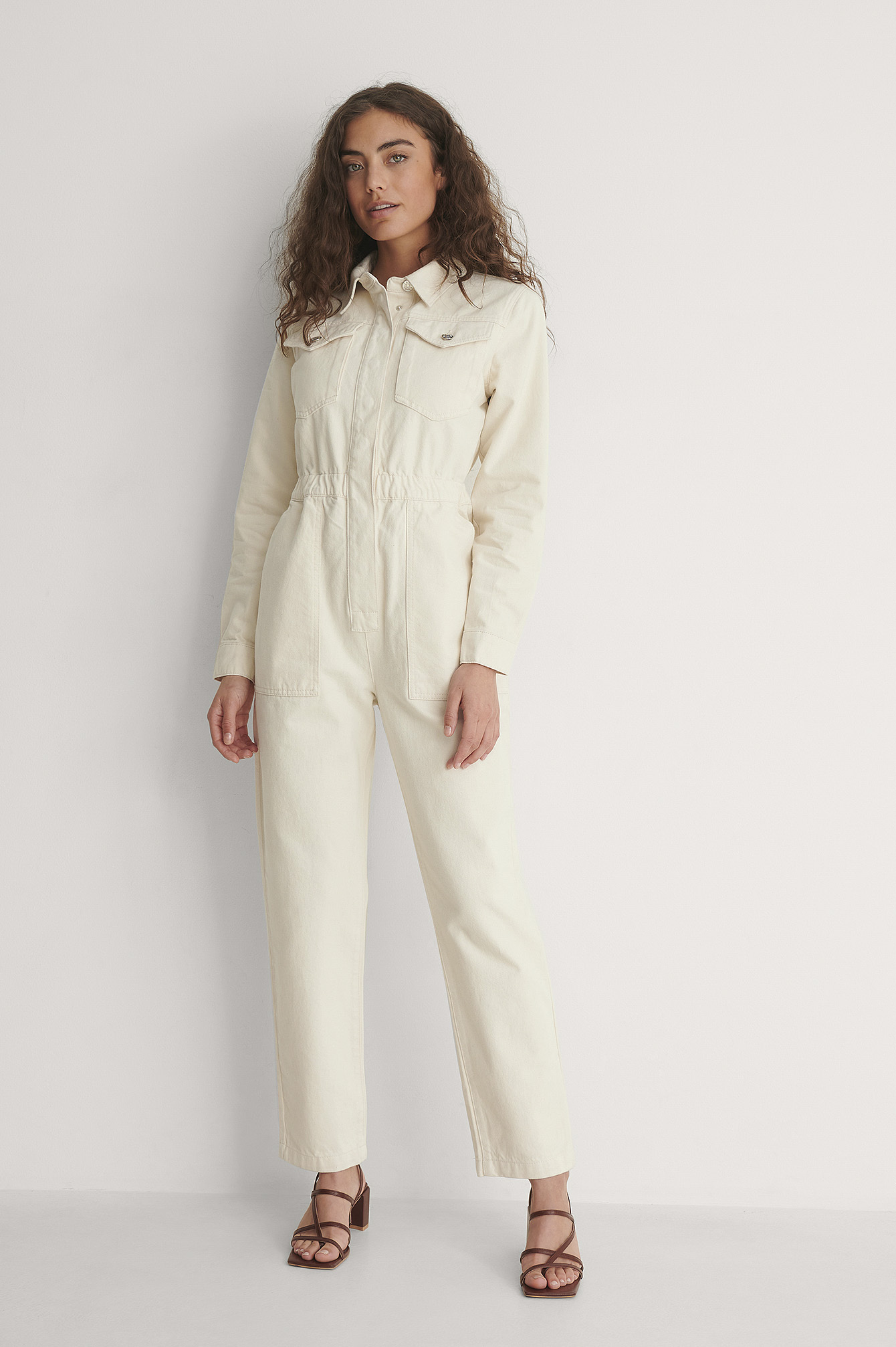 Organic Elastic Waist Denim Jumpsuit Offwhite