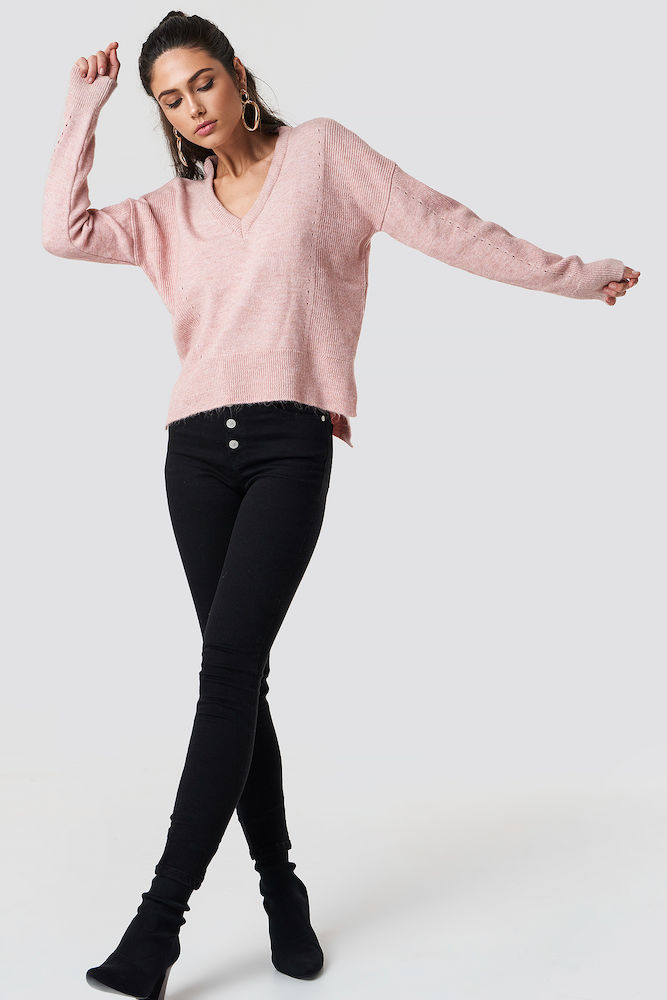 Light Pink Deep Front V-neck Knitted Sweater