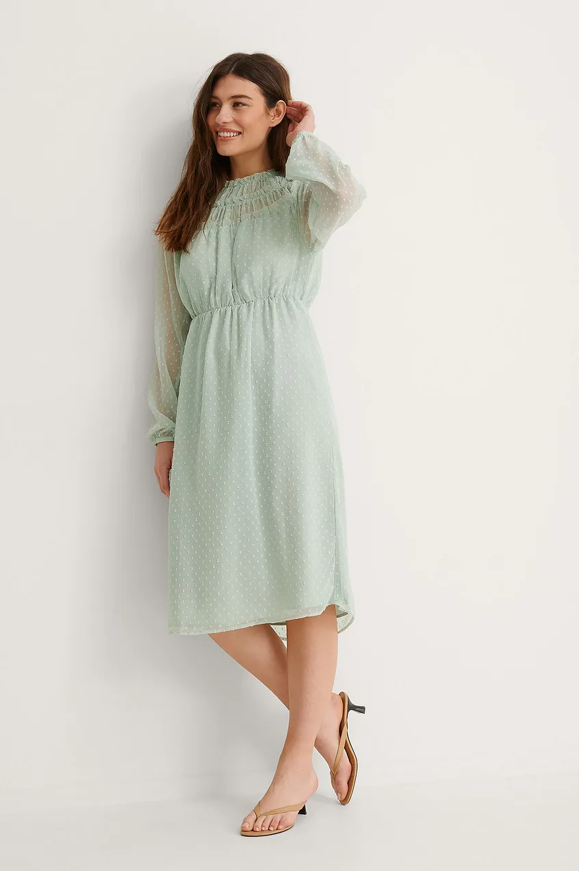 Long Sleeve Frill Dobby Dress Outfit.