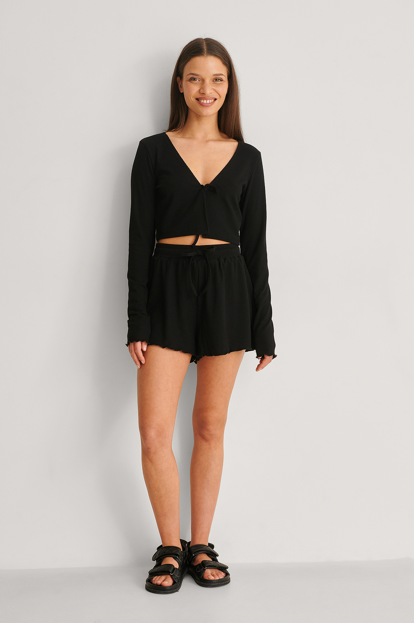 Black Front Tie Ribbed Loungewear Top