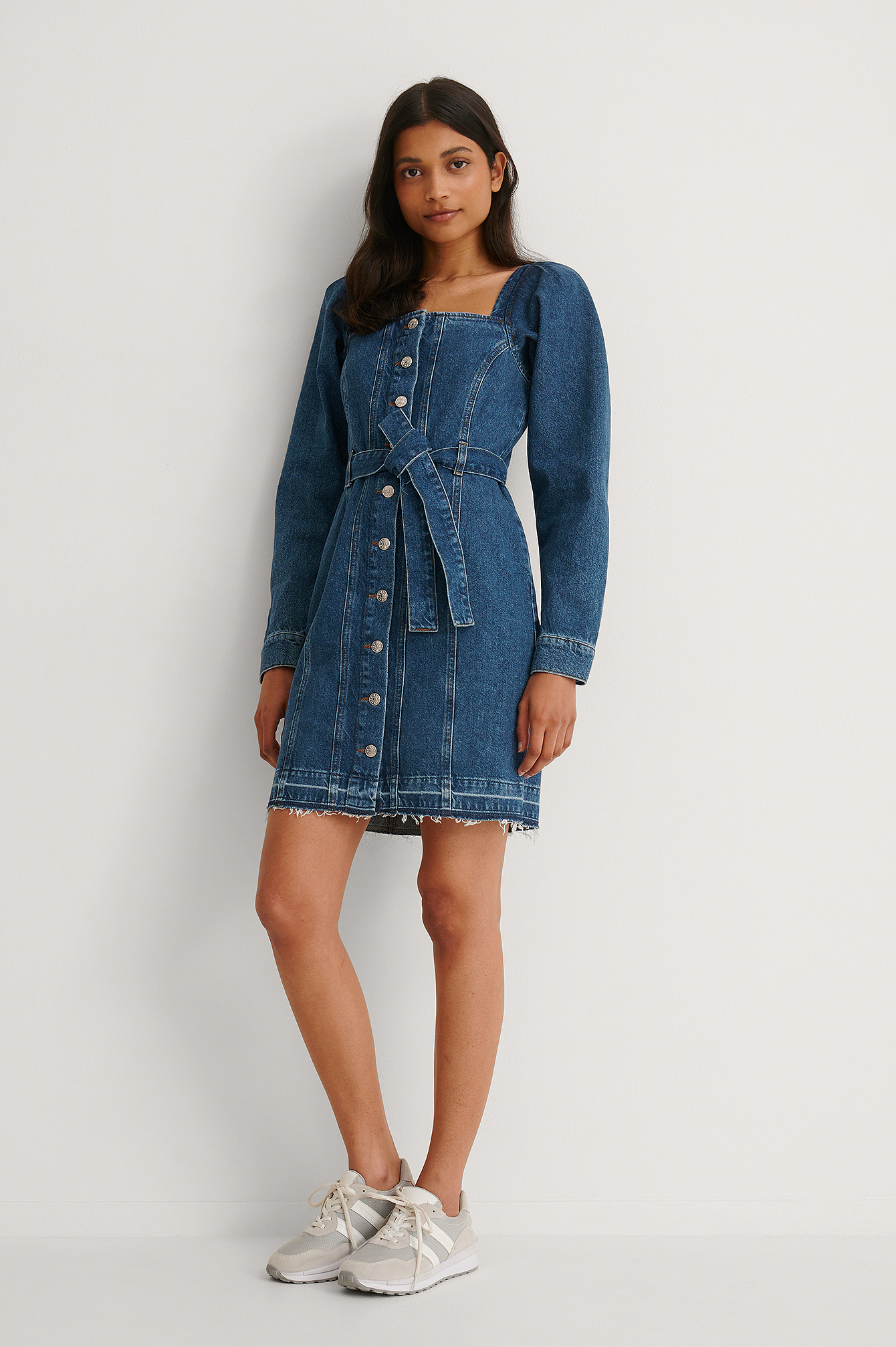 Long Sleeve Belted Denim Dress Blue 