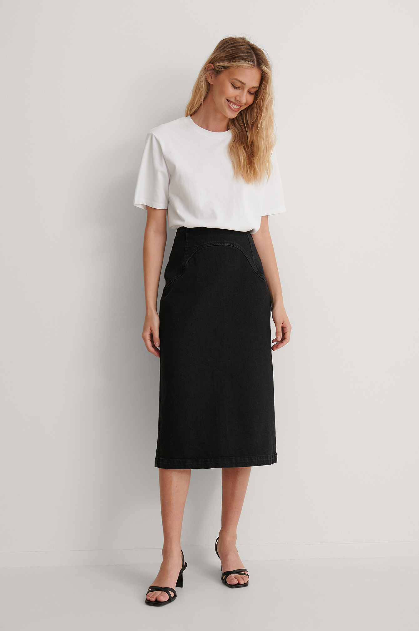 Front Yoke Denim Midi Skirt Black