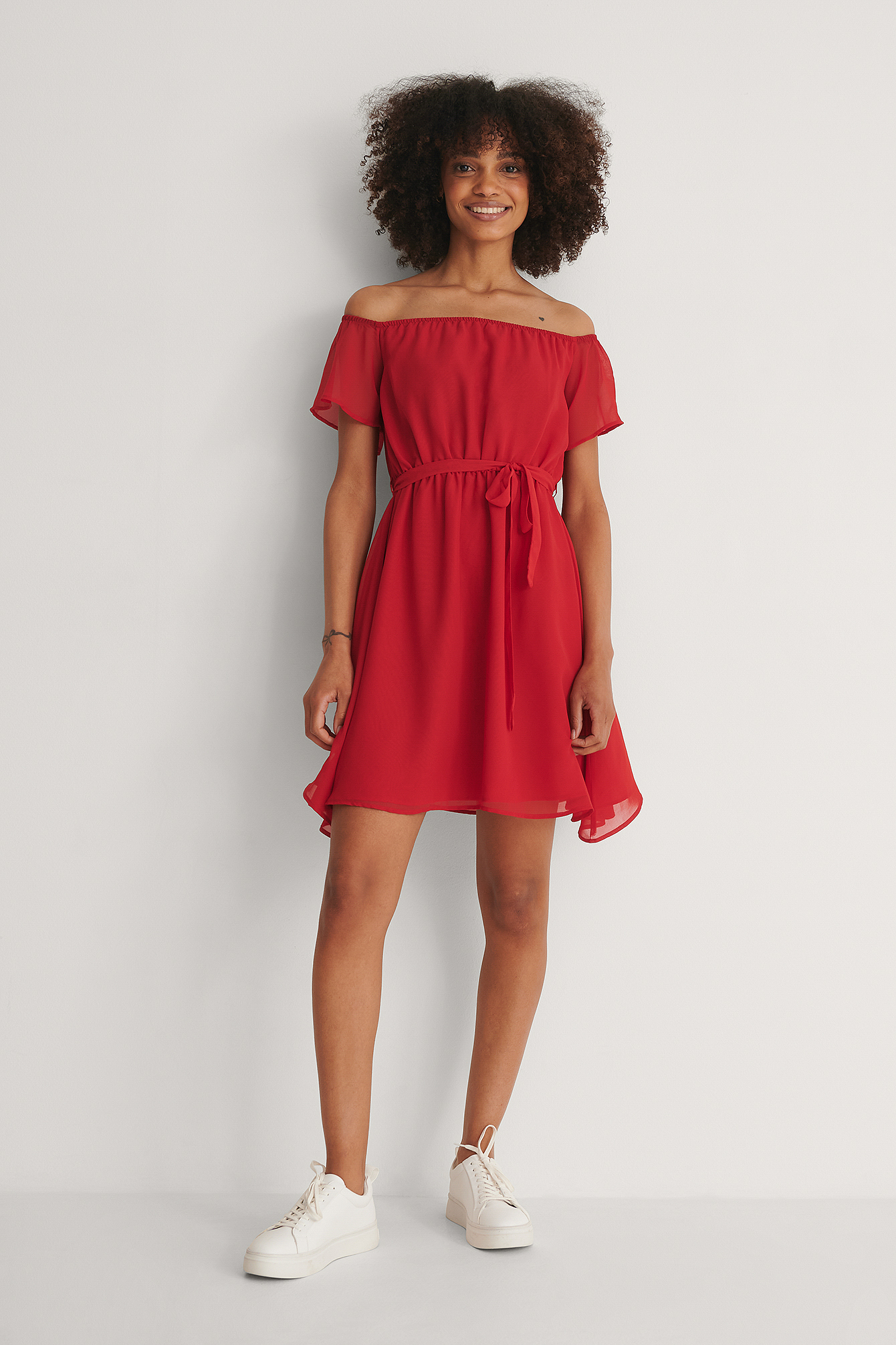 Recyled Off Shoulder Sheer Mini Dress 