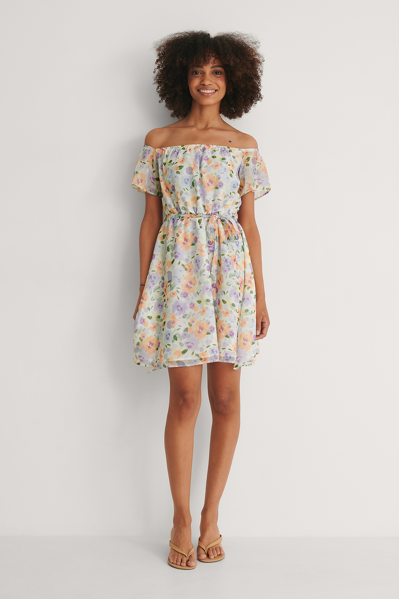 Recyled Off Shoulder Sheer Mini Dress 