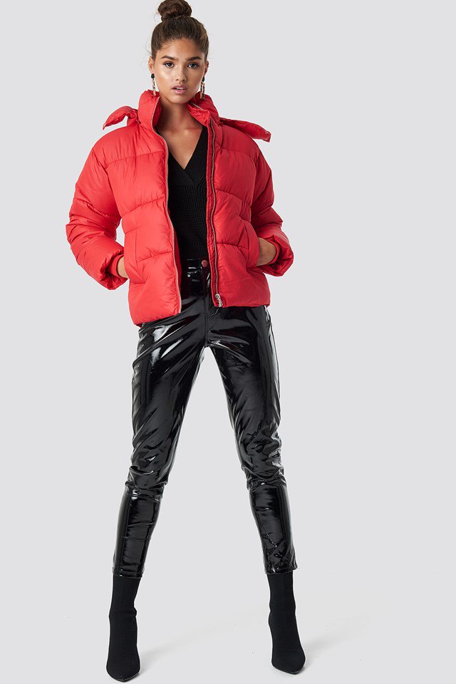 Puffer Jacket and PU Pants Outfit