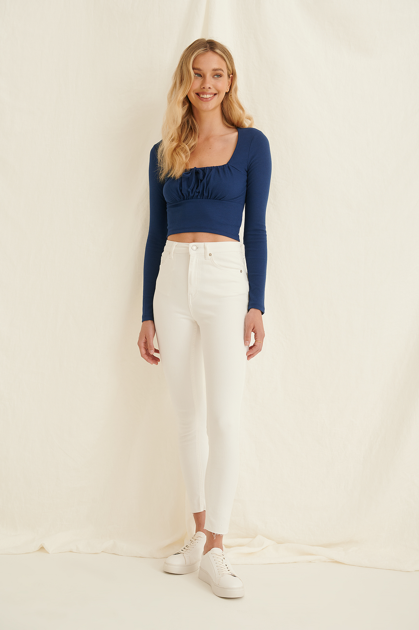 Blue Ruched Front Tie Recycled Top