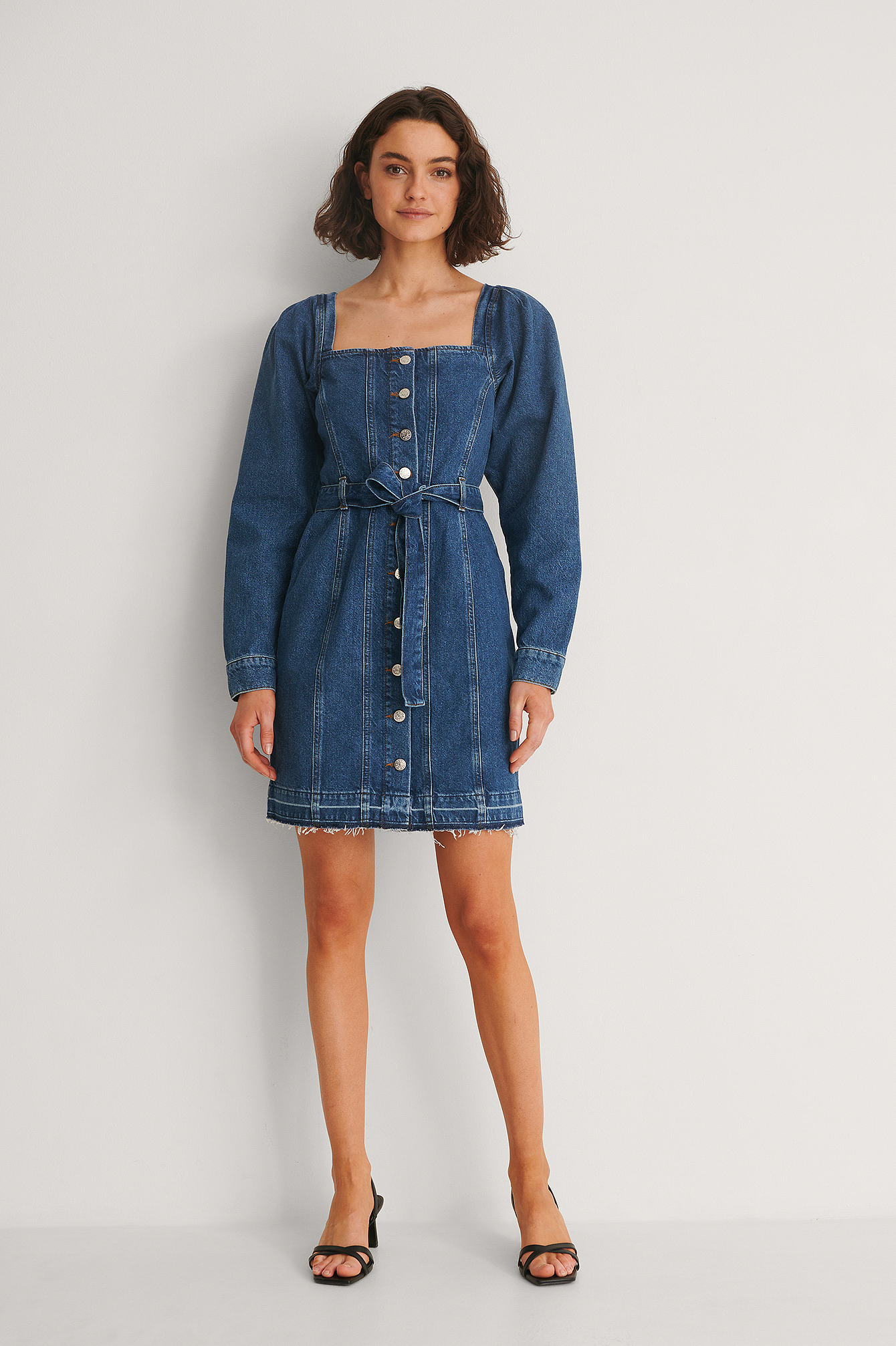 Long Sleeve Belted Denim Dress Outfit.