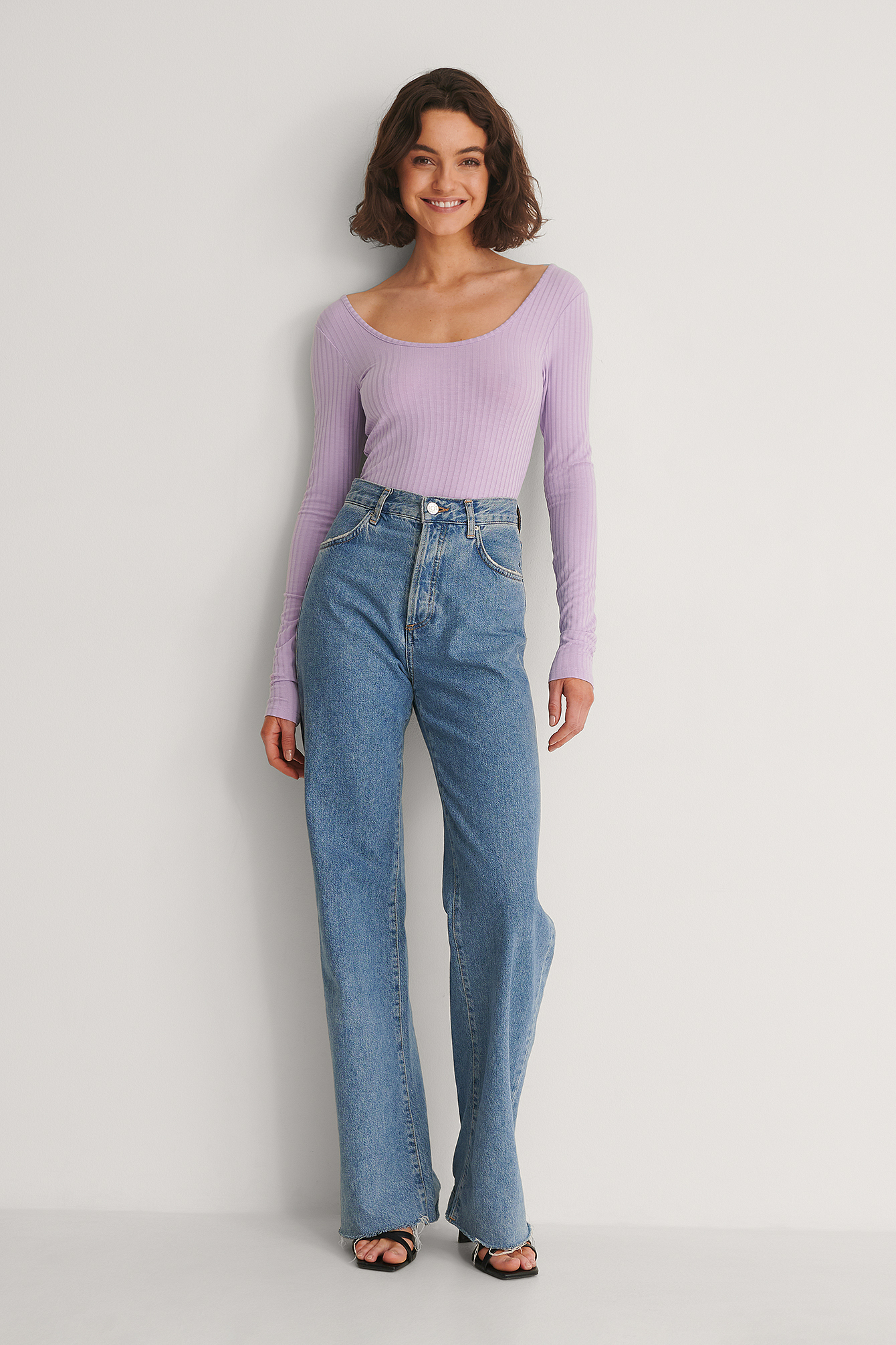 Deep Round Neck Rib Top Purple | na-kd.com