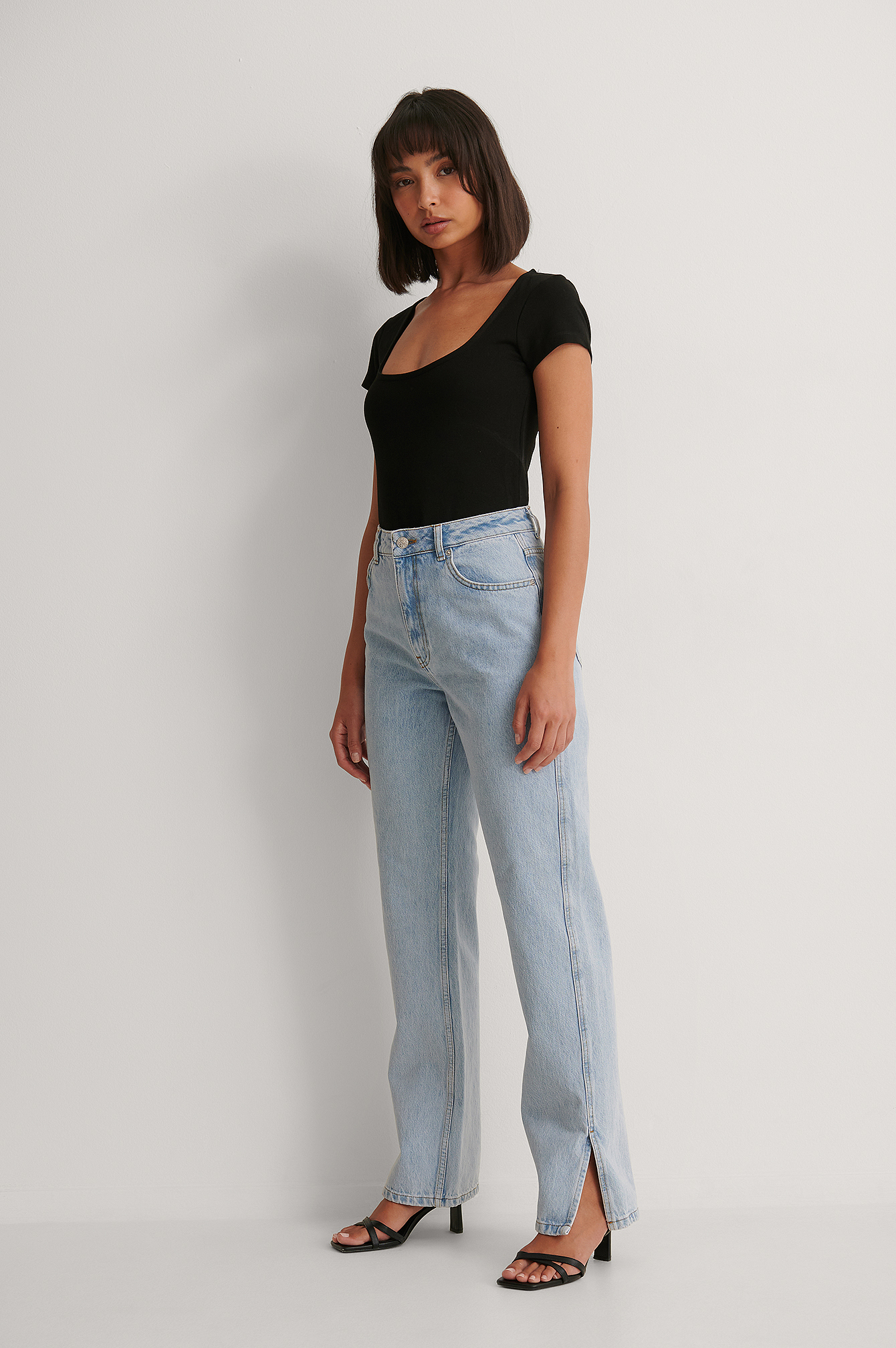High Waist Straight Slide Slit Jeans Outfit.