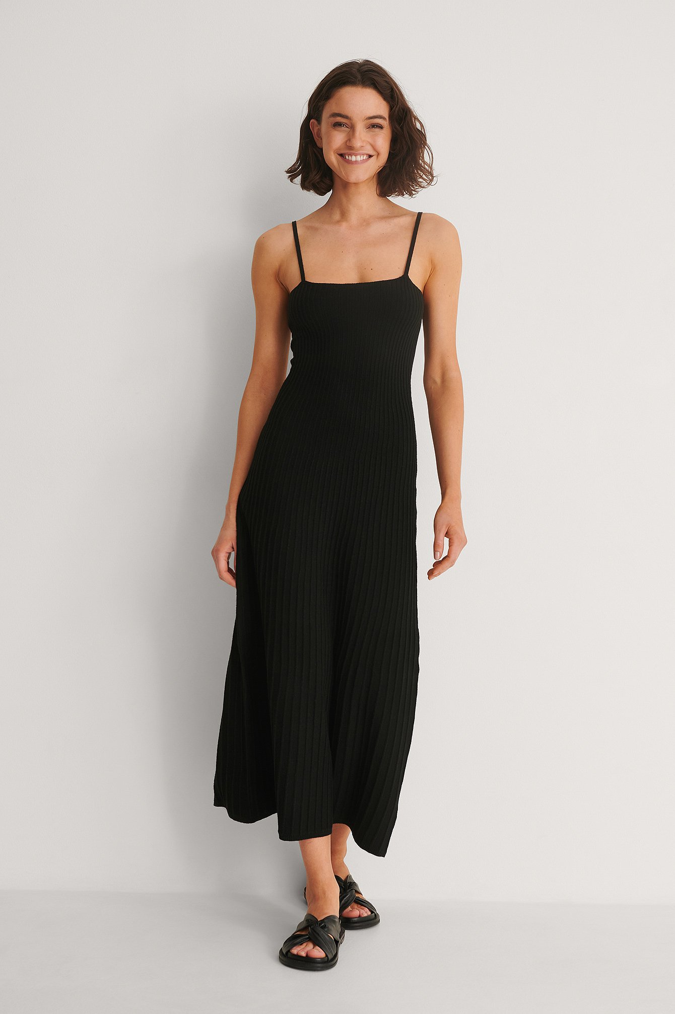 Recycled Strap Knitted Ribbed Dress Black