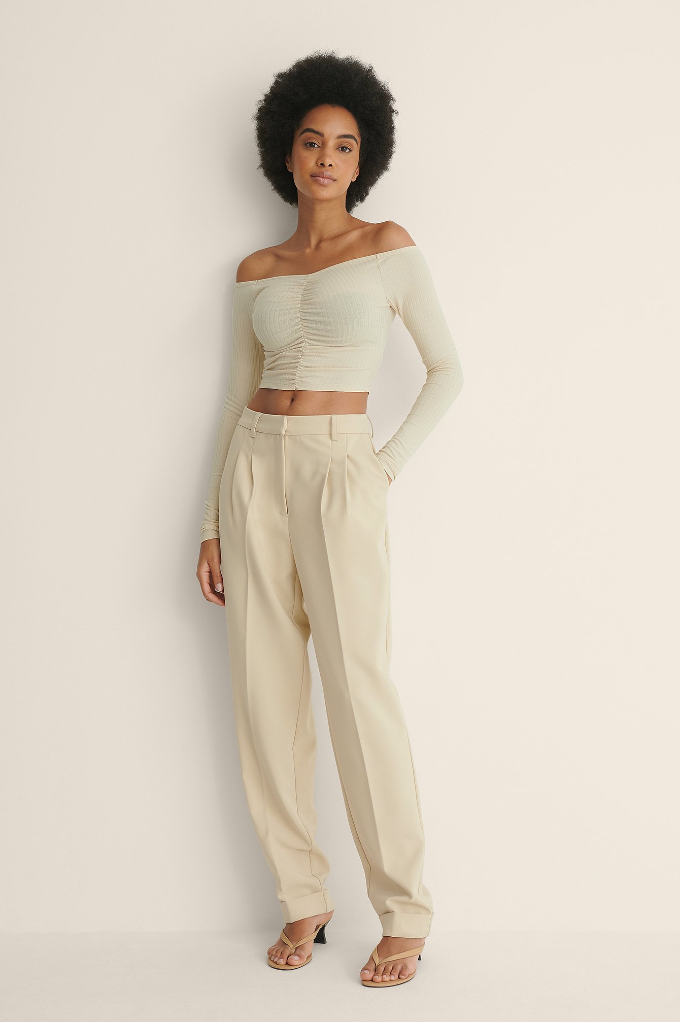 Beige Recycled Off Shoulder Rouched Top