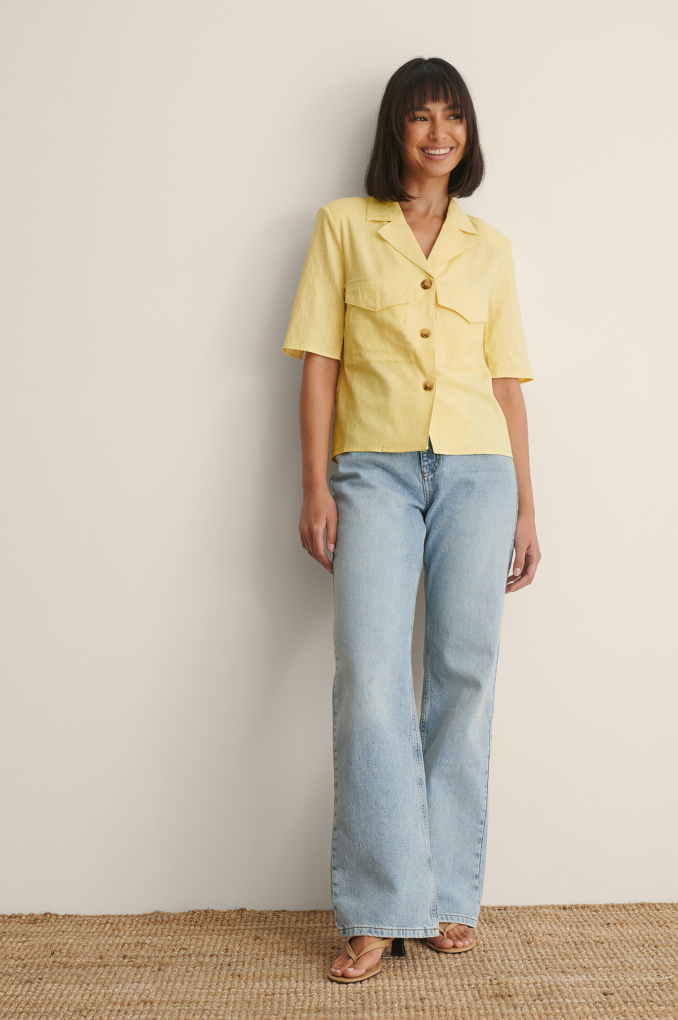 Shoulder Padded Linen Blend Shirt 