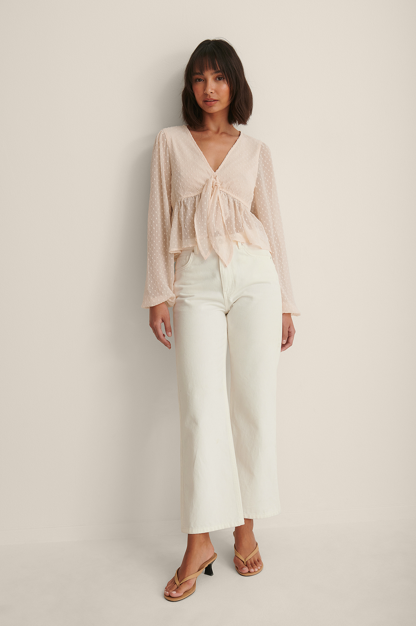 Tie Front LS Dobby Blouse Pink | na-kd.com