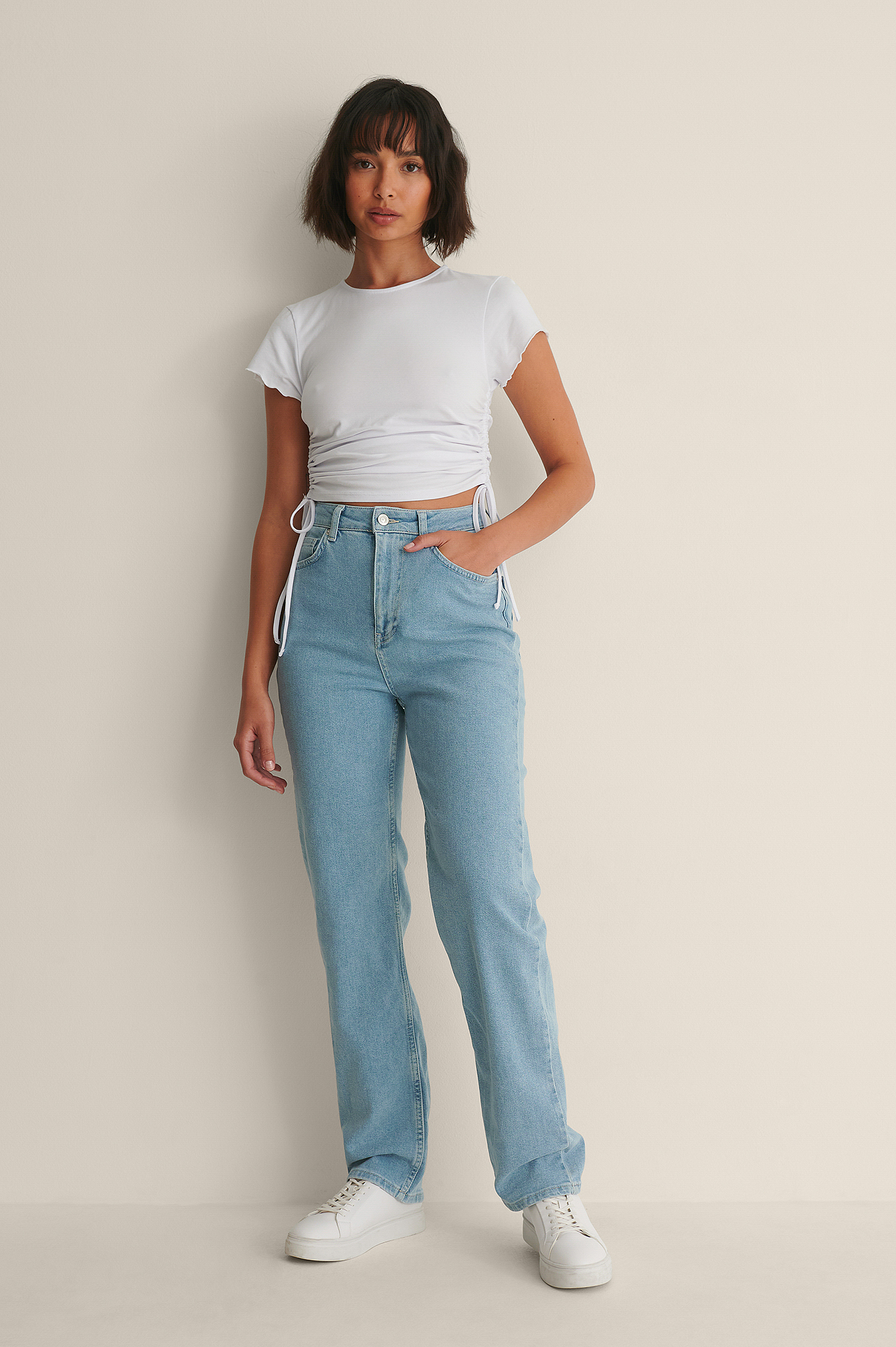 Light Blue Acid Wash Raw Edge Straight Jeans