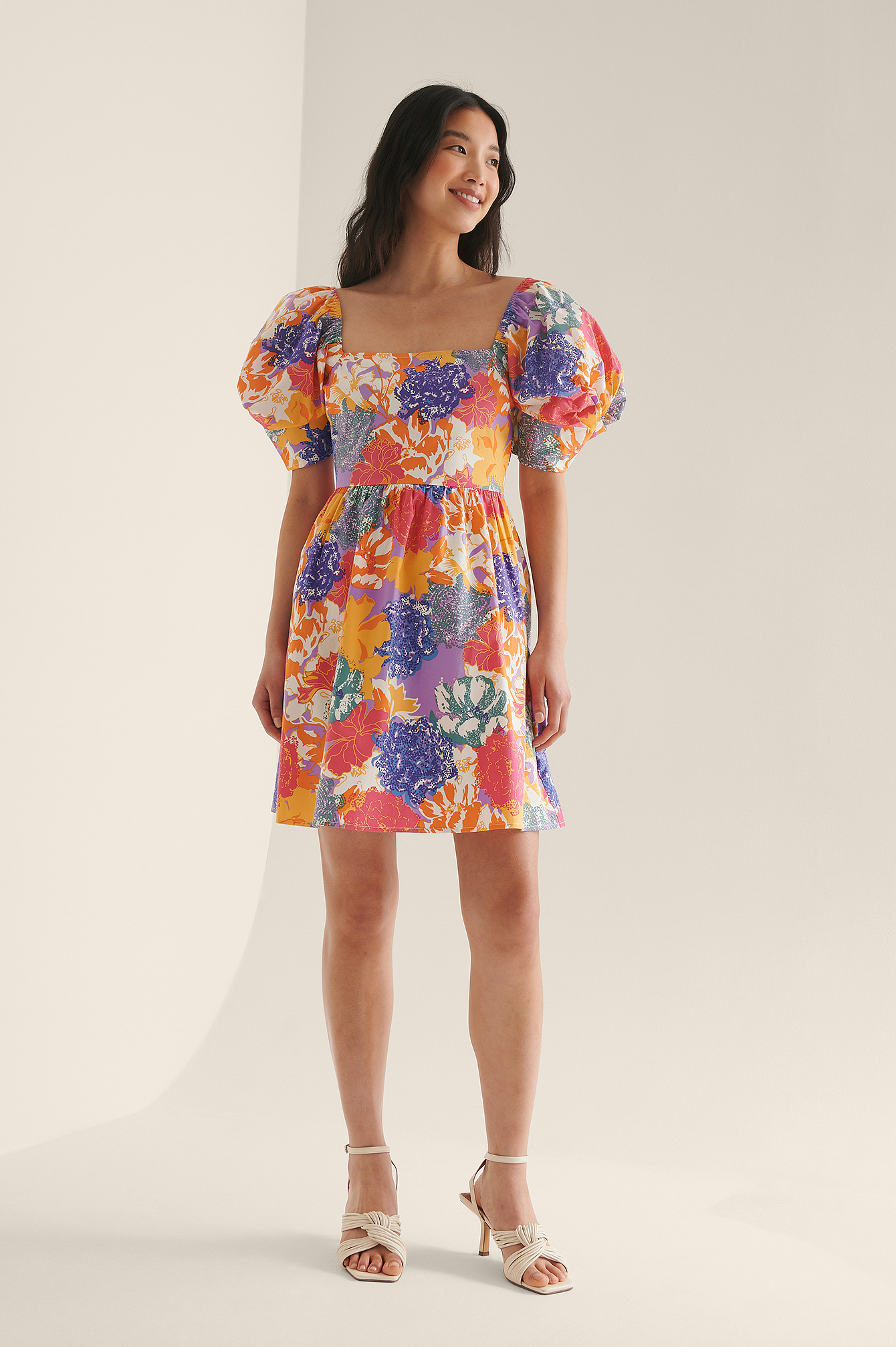 Multi Floral Print Square Neck Puff Sleeve Dress