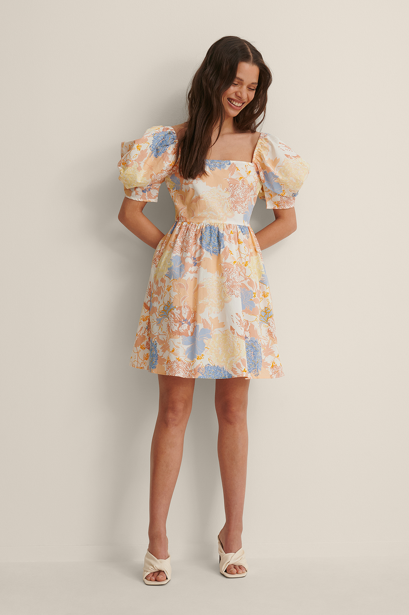 Square Neck Puff Sleeve Dress Flower