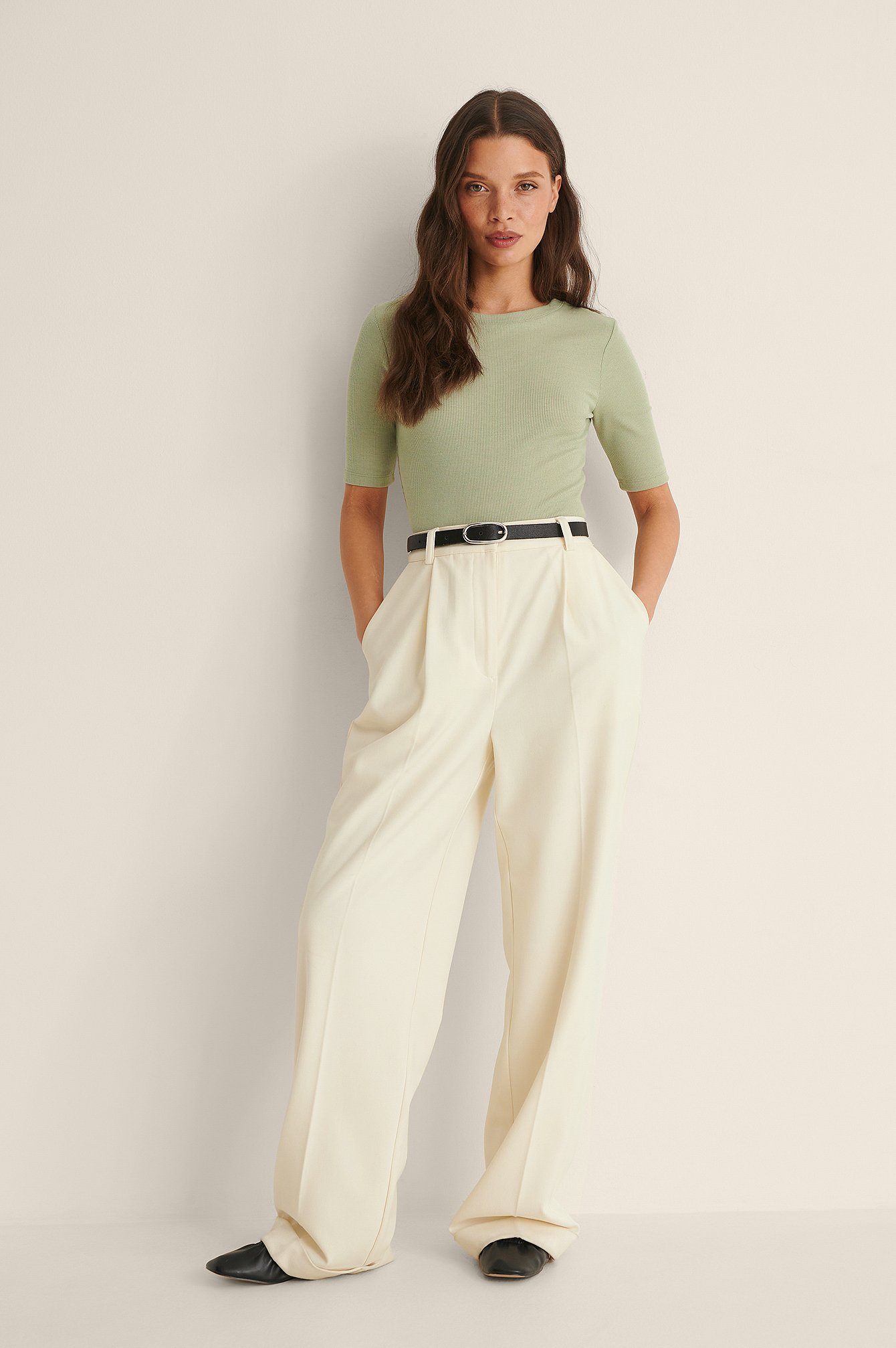 Light Green Round Neck Ribbed Top