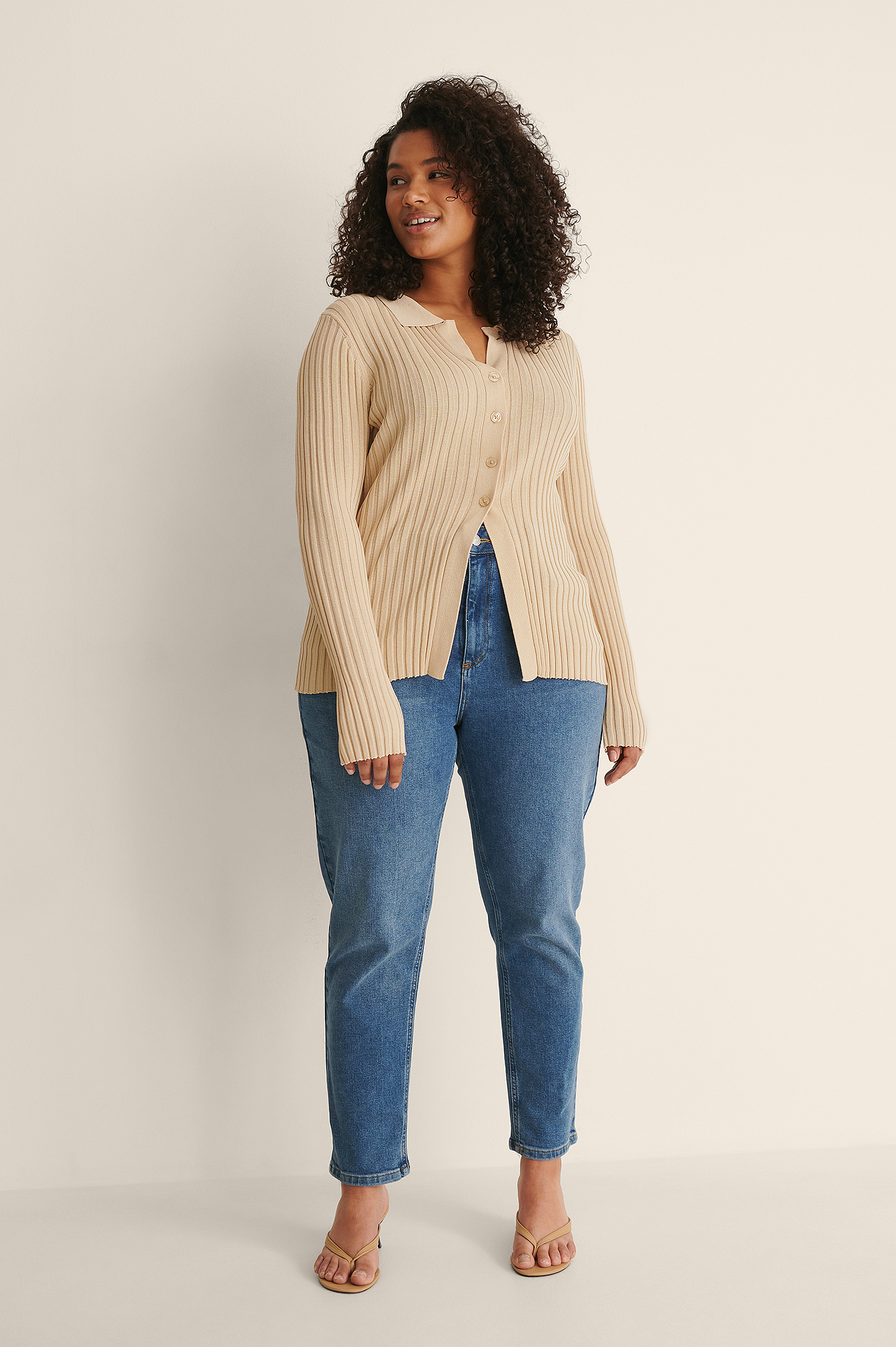 Ribbed Knitted Buttoned Long Sleeve Top Outfit.