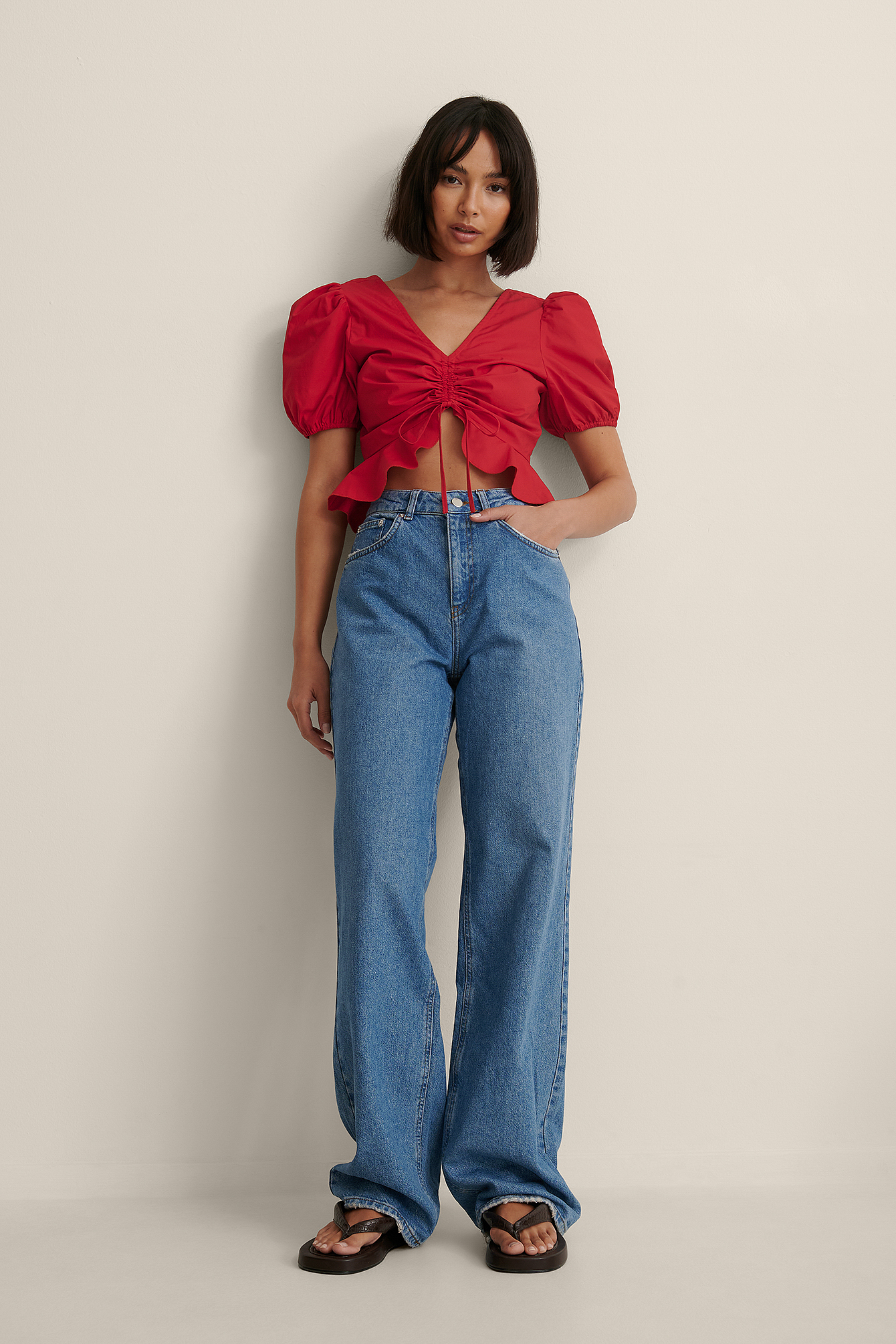 Short Sleeve Drawstring Top Red