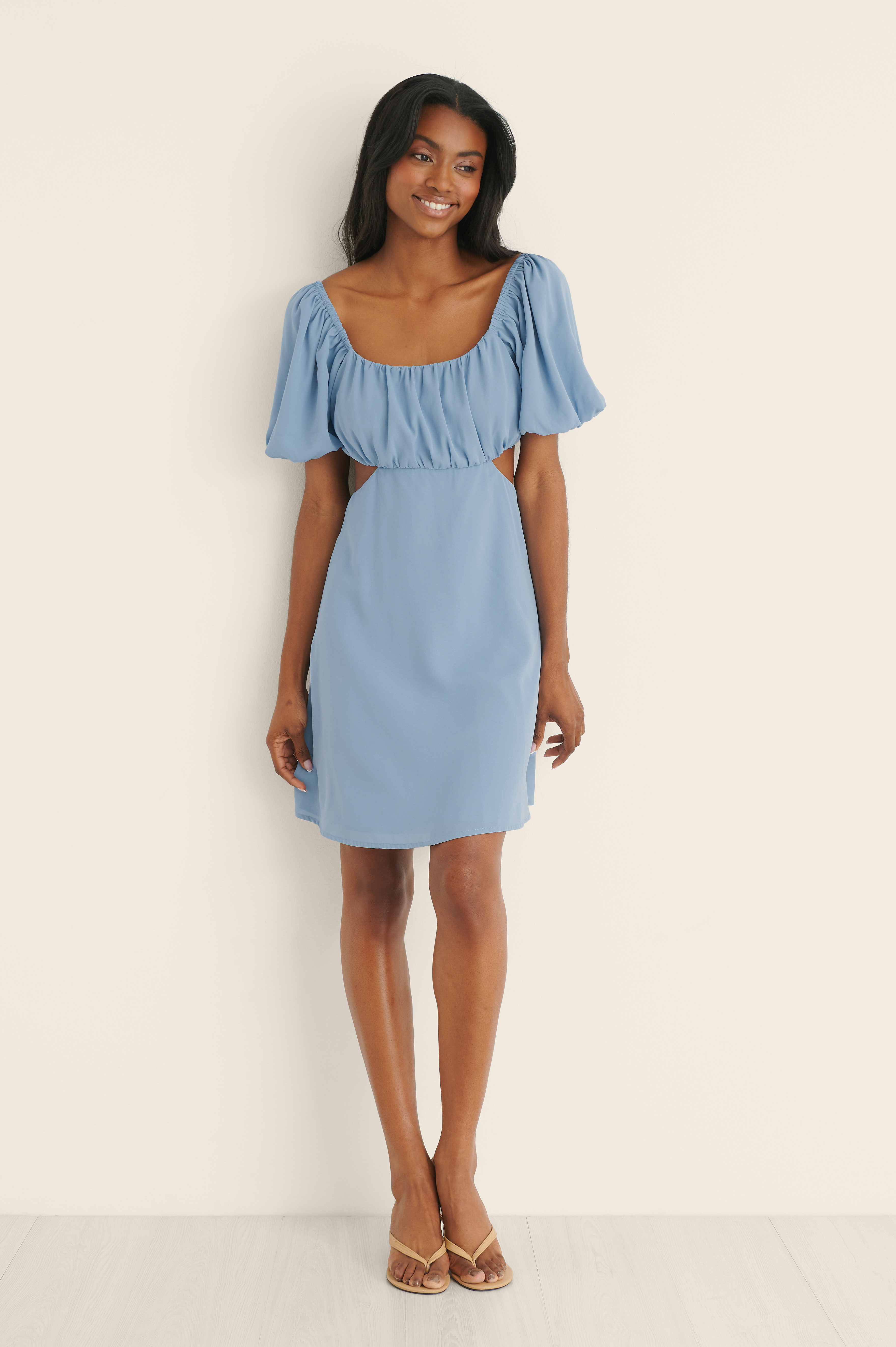 Puffy Sleeve Ruched Mini Dress Blue 
