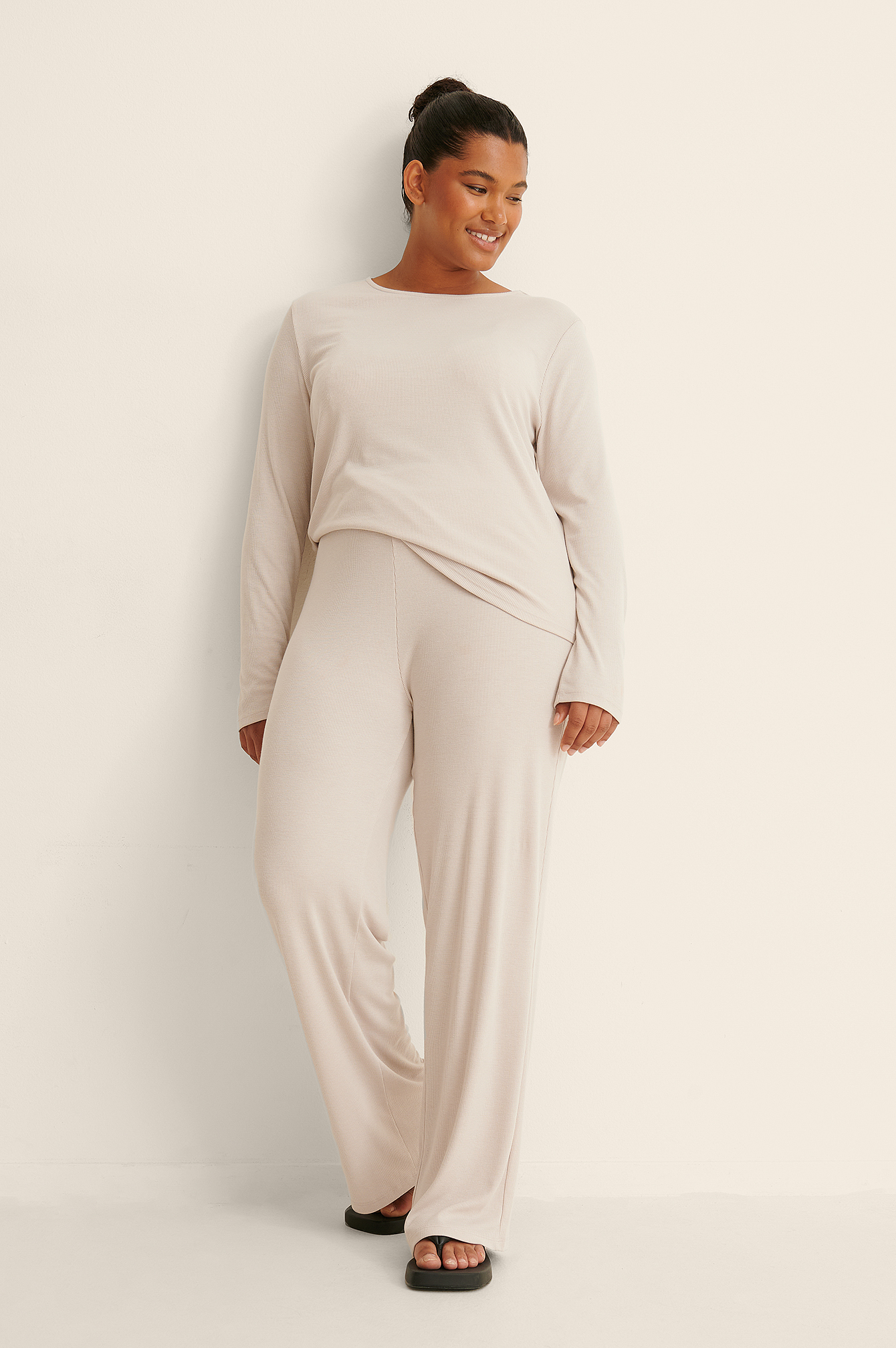 Soft Ribbed Wide Leg Pants Beige | na 