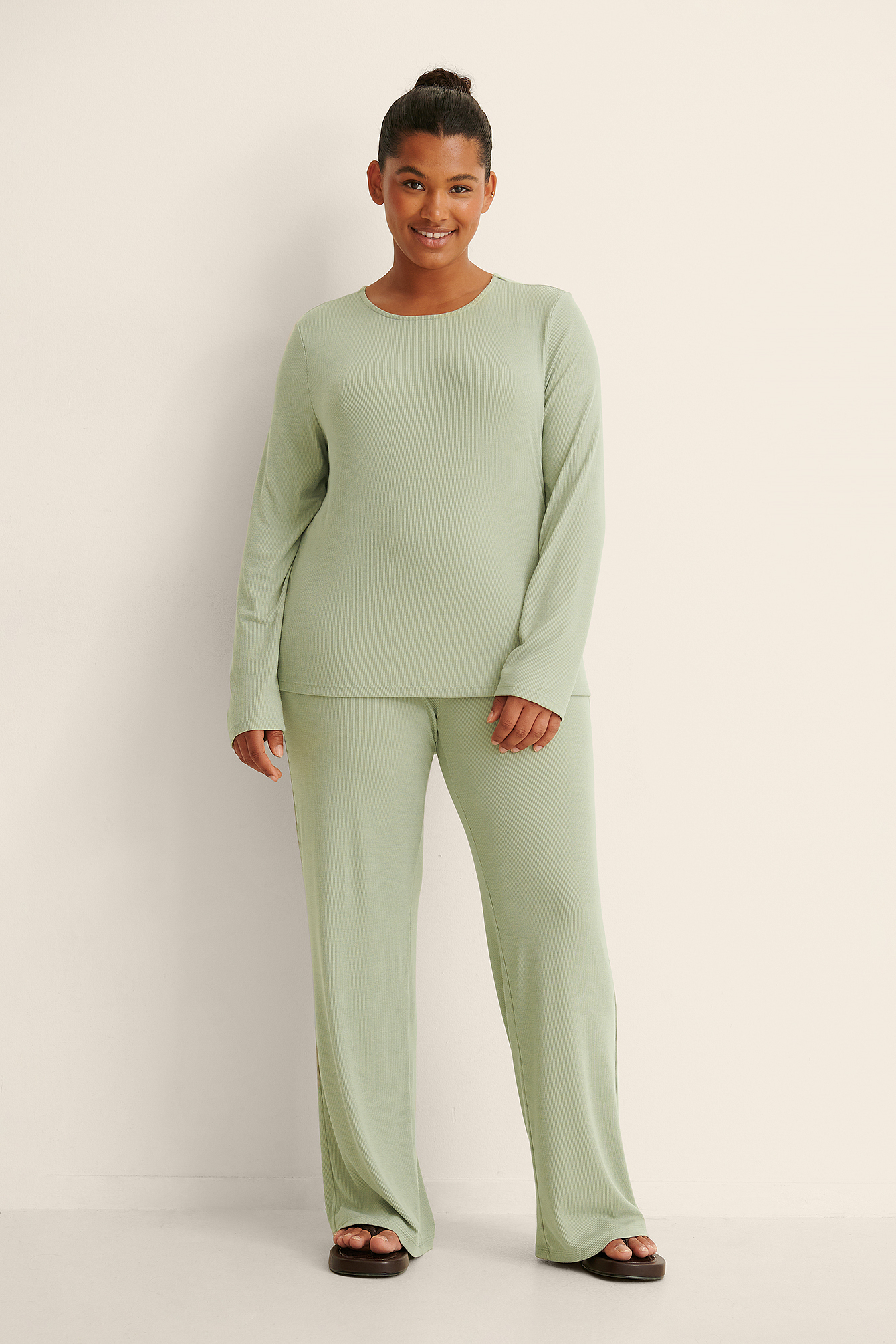 Soft Ribbed Wide Leg Pants Green | na 