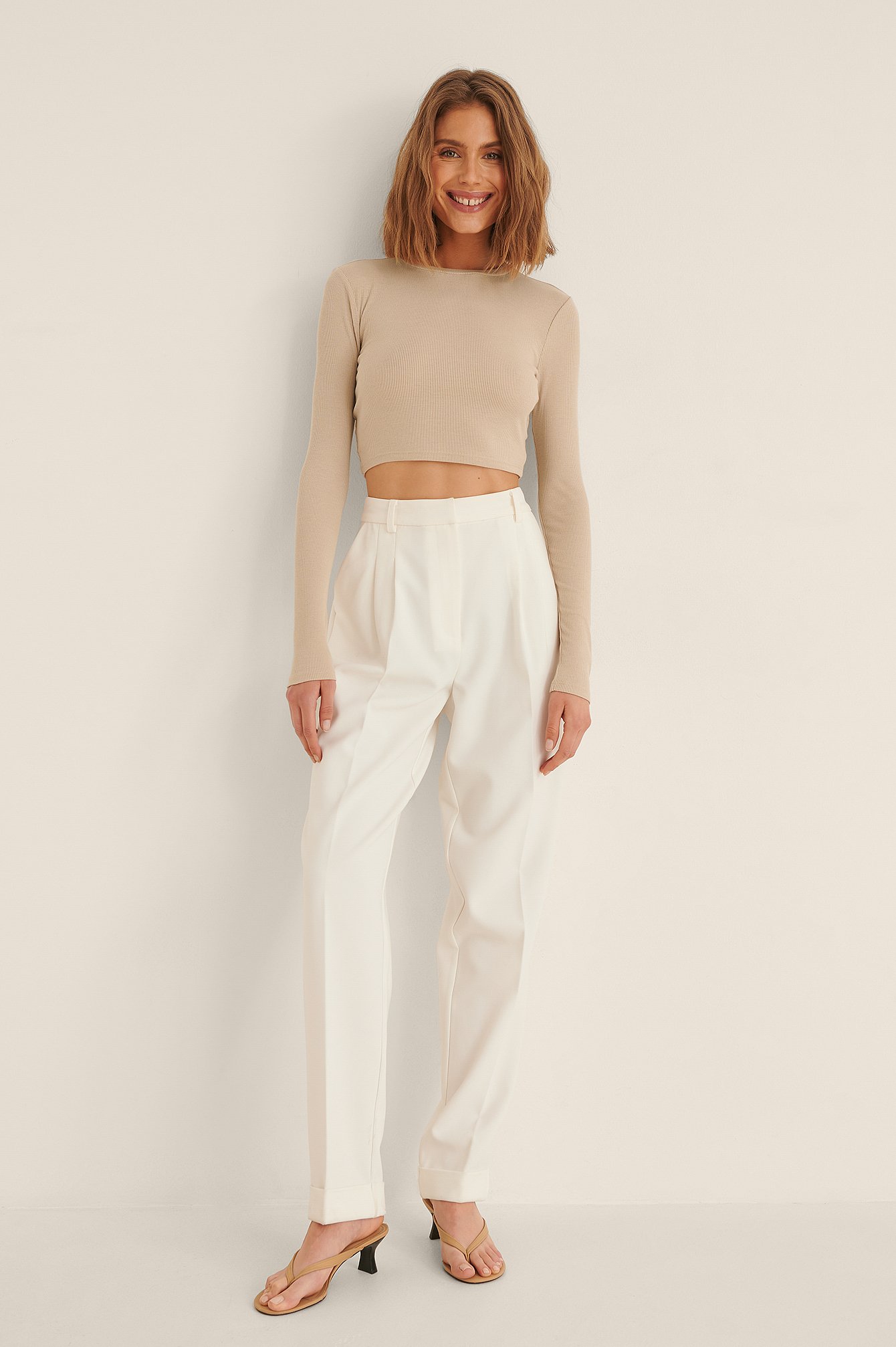 Recycled Round Neck Ribbed Long Sleeve Crop Top Outfit.