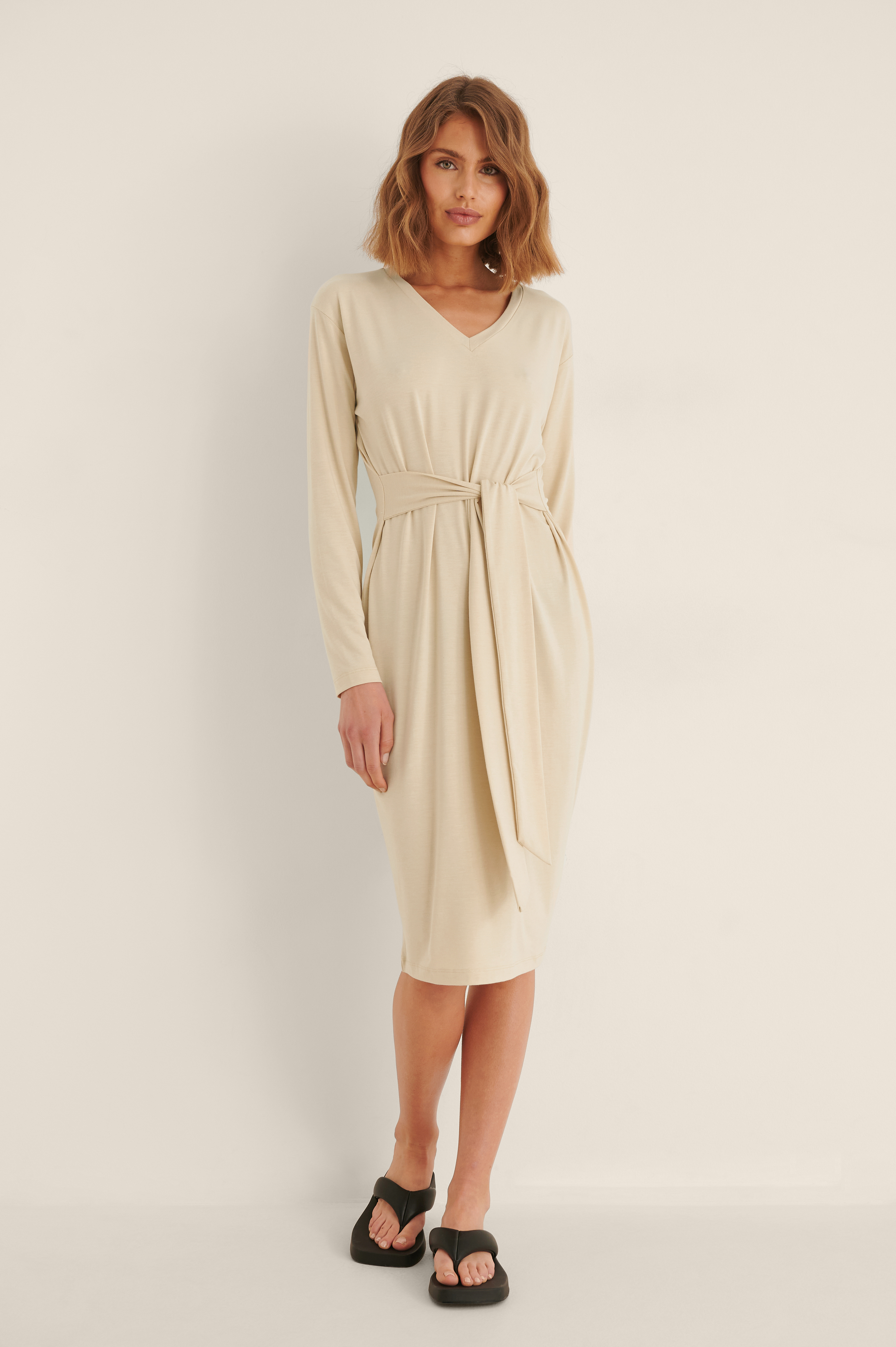 Vneck Belt Dress Beige