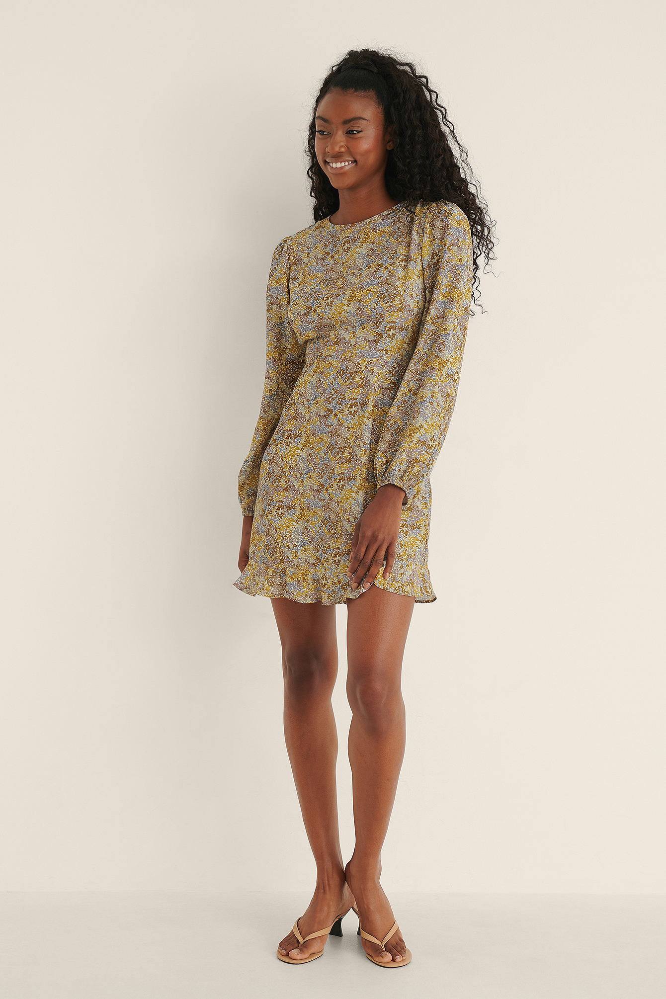 Long Sleeve Open Back Mini Dress Flower 