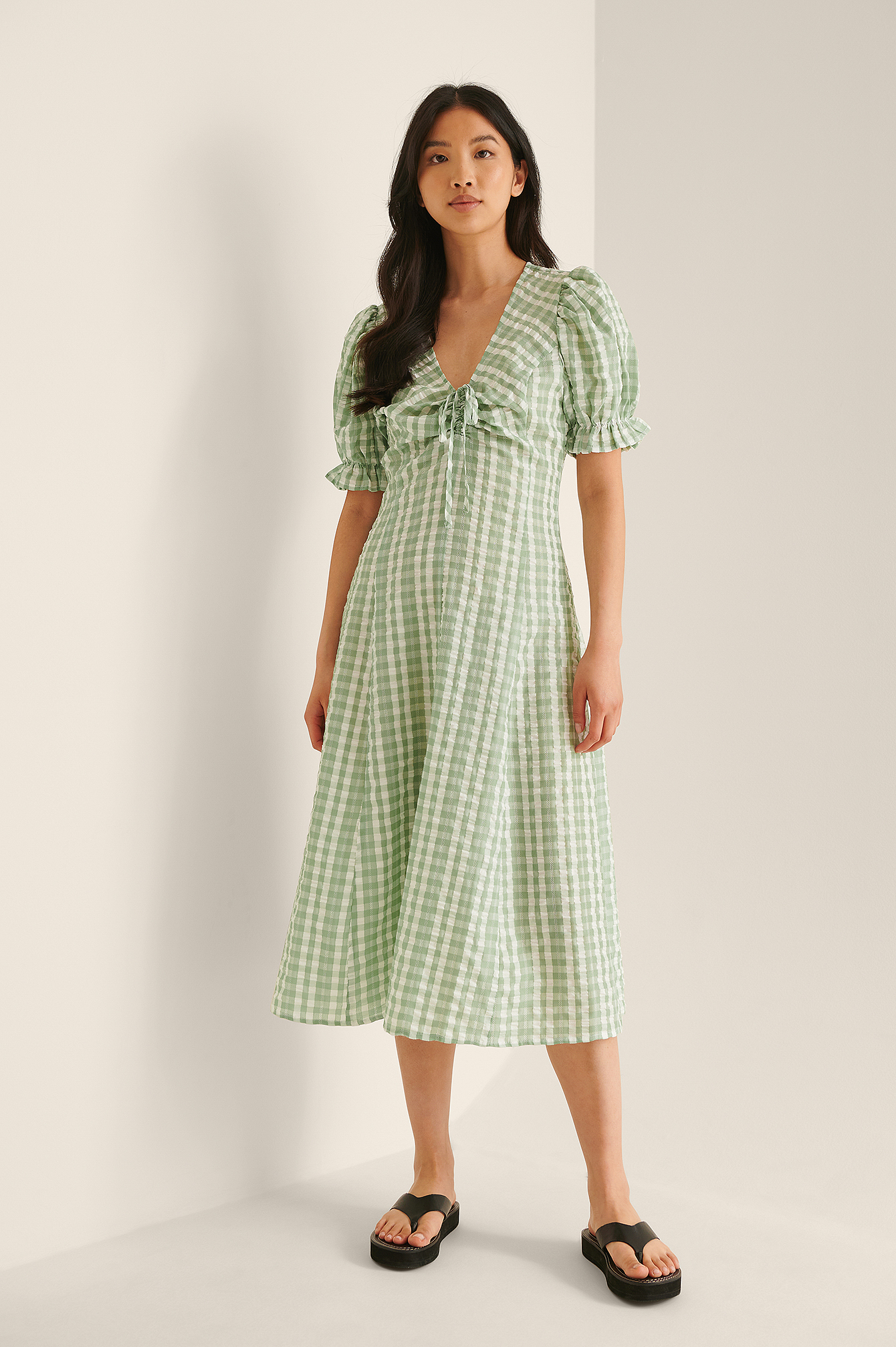 Green Midi Check Drawstring Dress