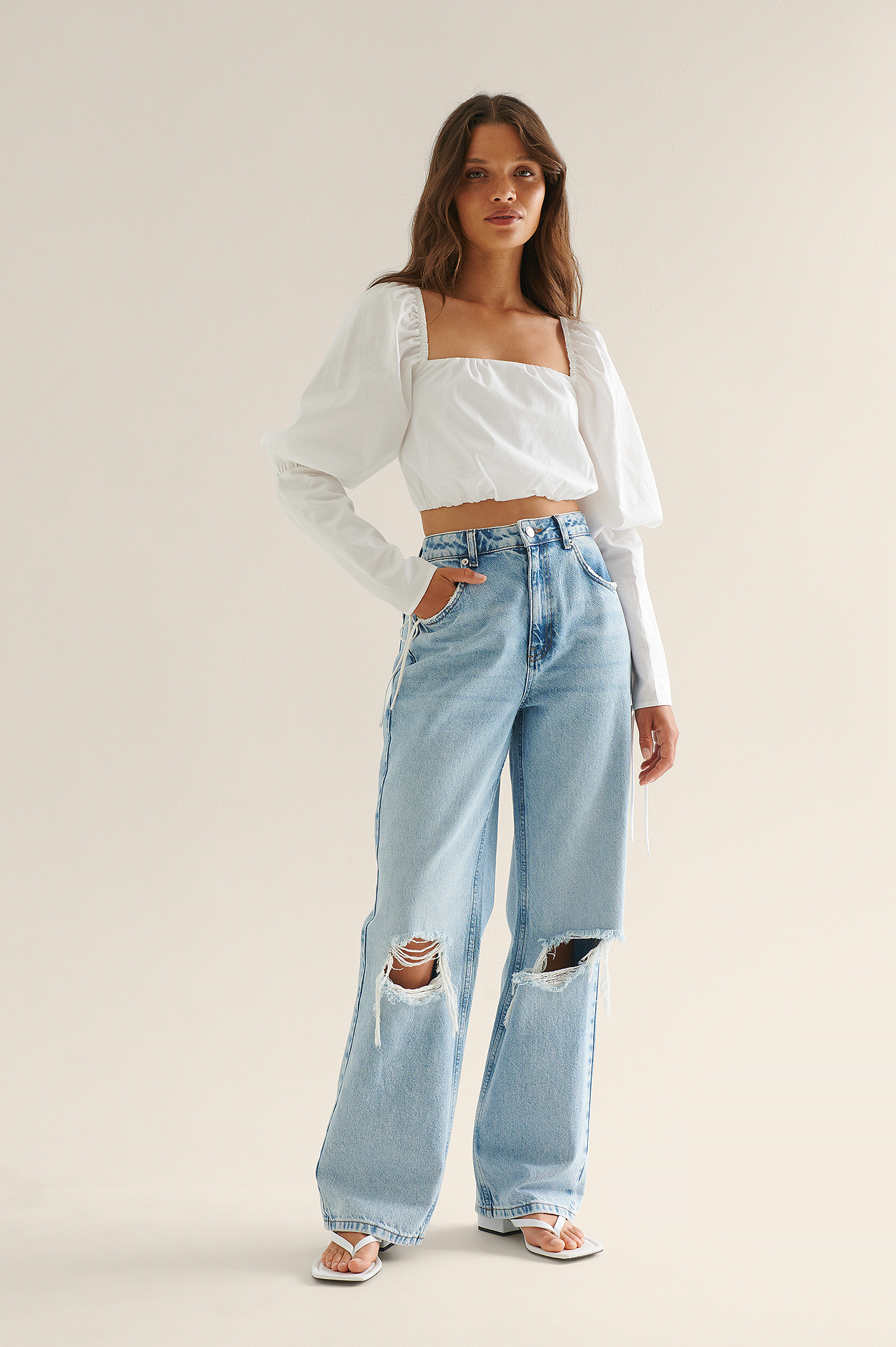 Organic Soft Rigid Wide Leg Destroyed Jeans Blue | na-kd.com