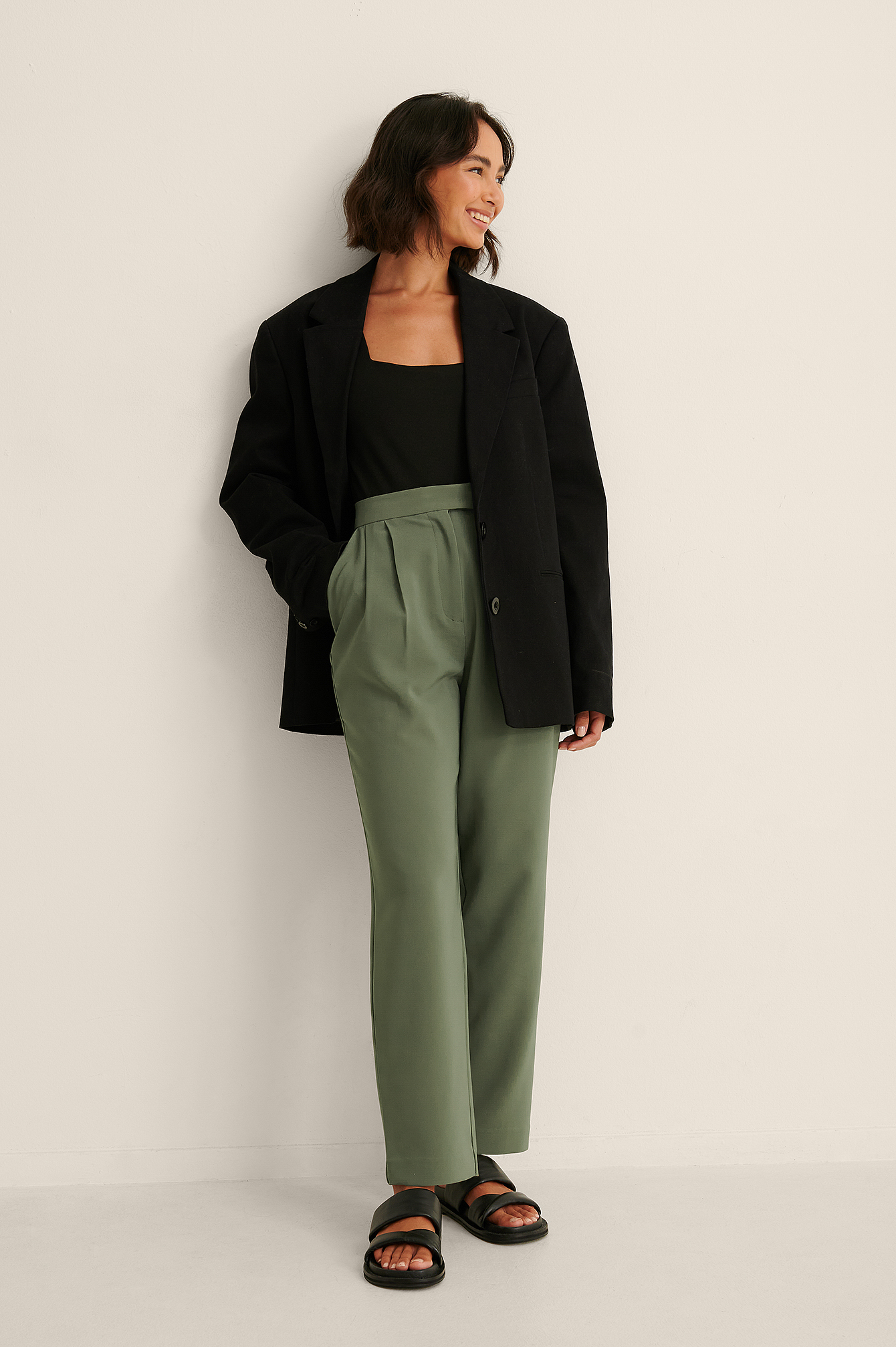 Darted Elastic Waist Pants Green