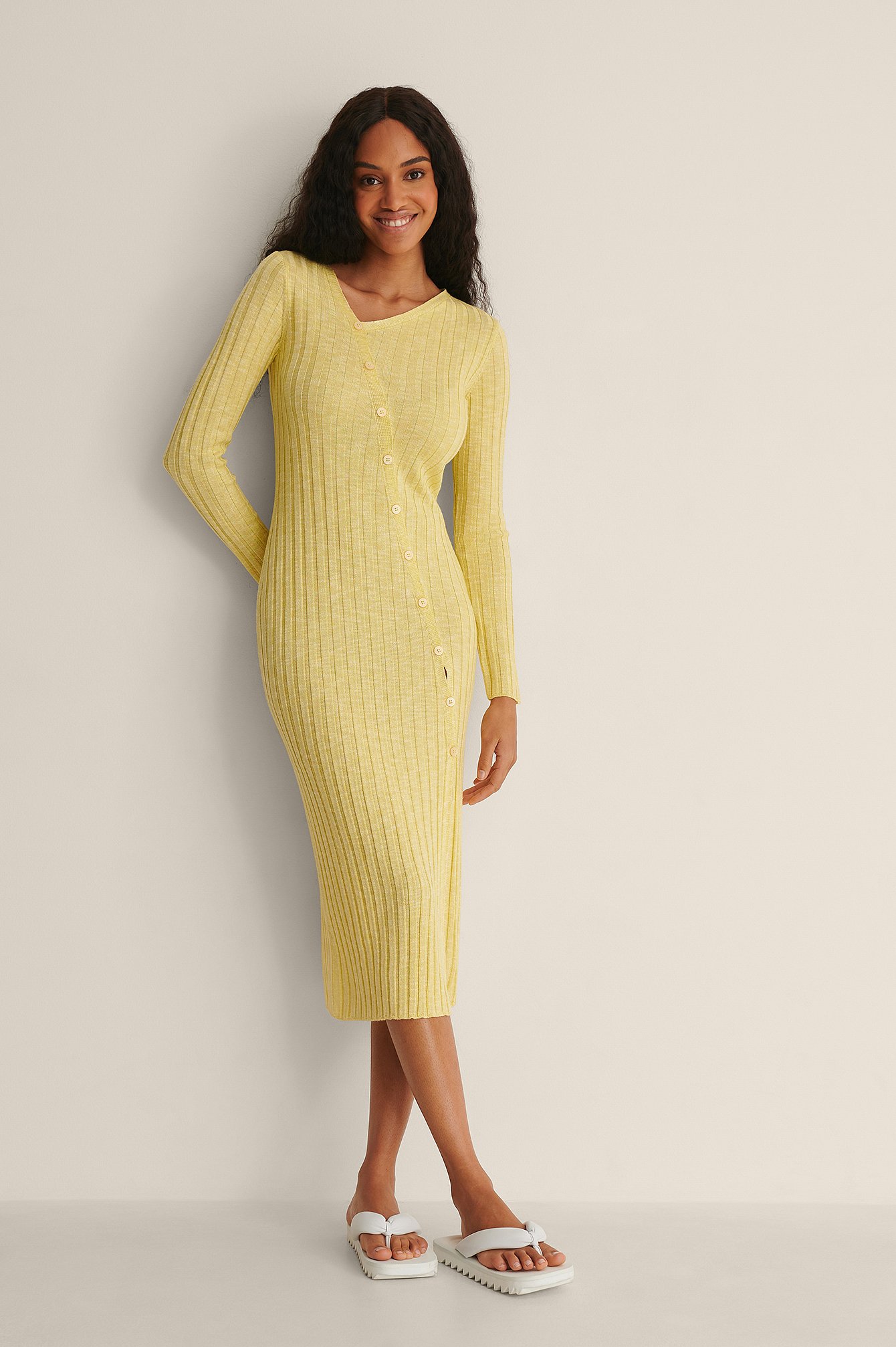 Asymmetric Buttoned Knitted Dress Outfit