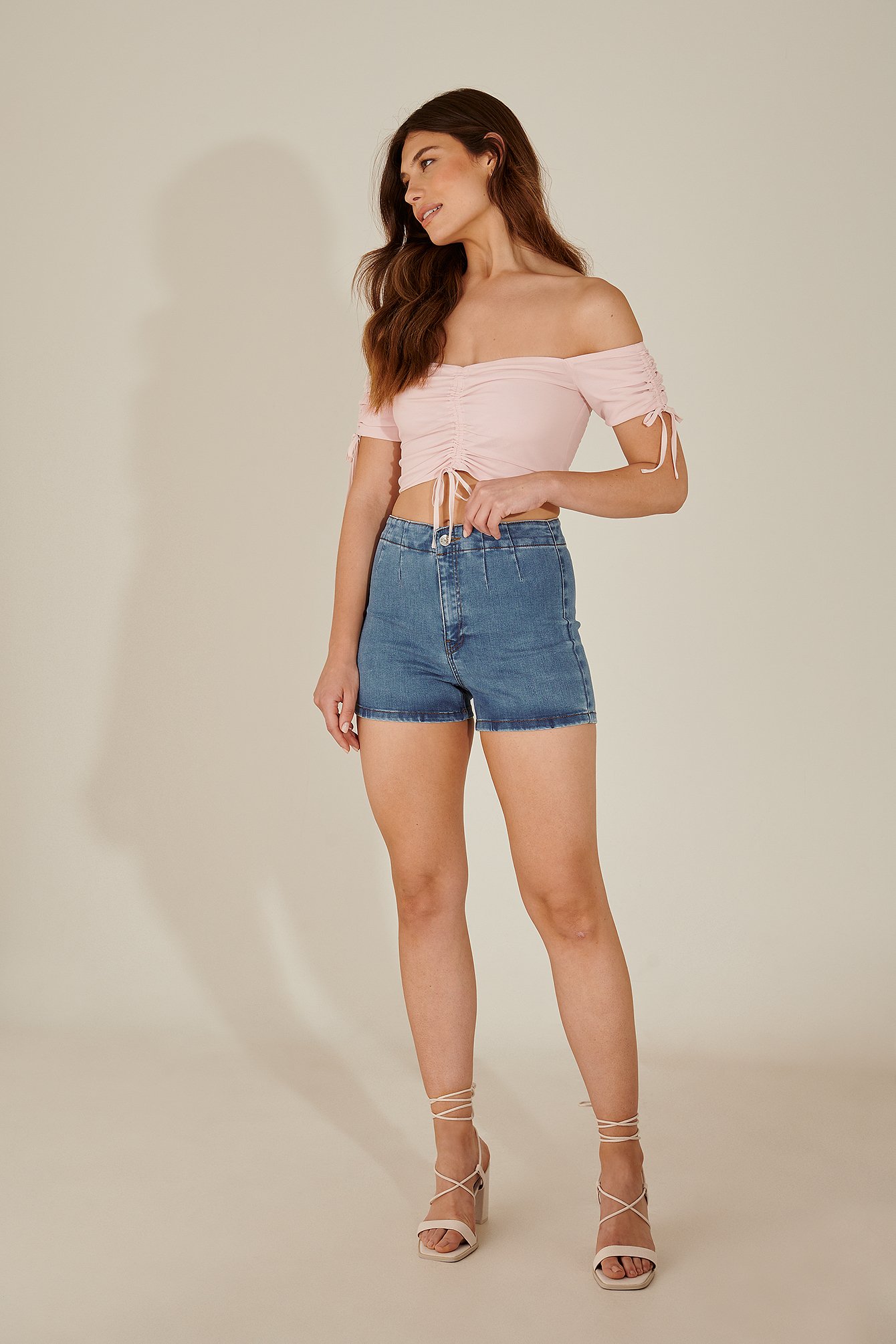 Dusty Pink Off Shoulder Recycled Cropped Drawstring Top