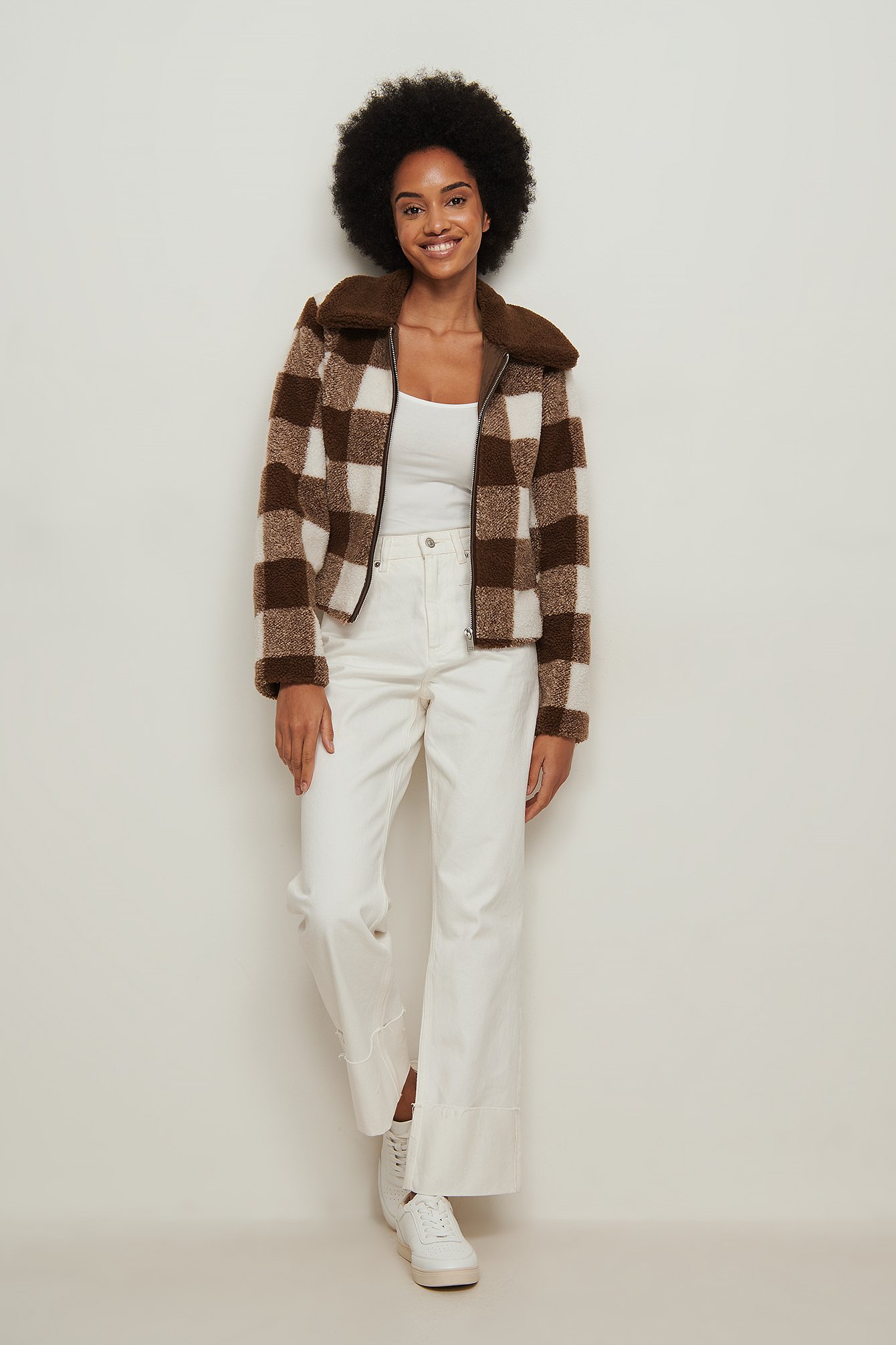 Brown/White Recycled Checked Teddy Jacket
